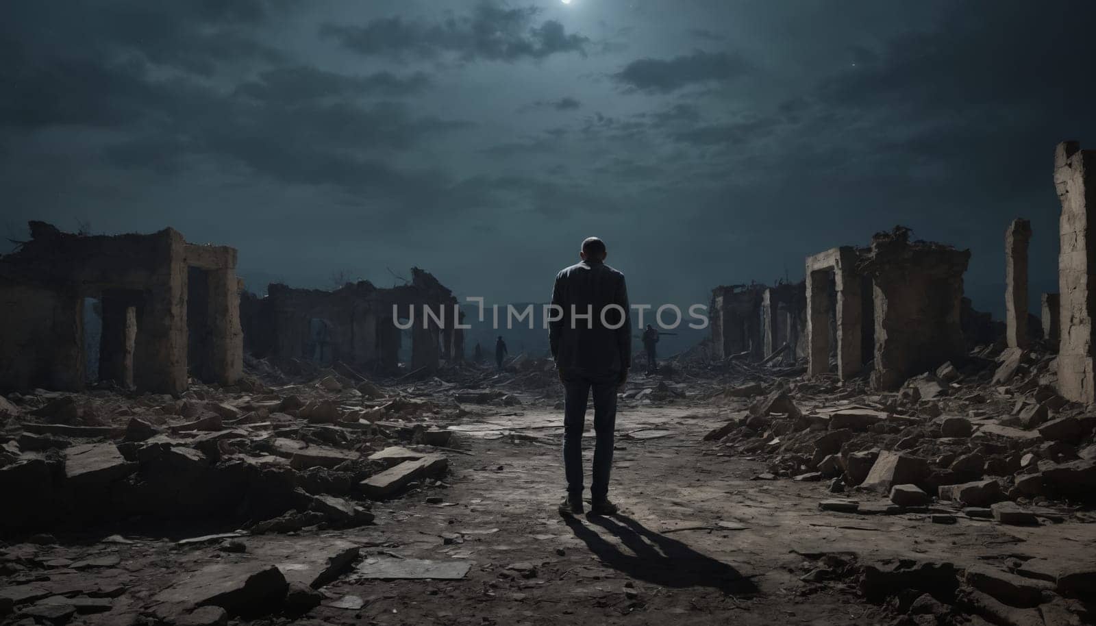A lone figure stands in the middle of a destroyed city, surrounded by rubble and the remnants of buildings. The moon shines faintly overhead, casting long shadows across the desolate landscape.