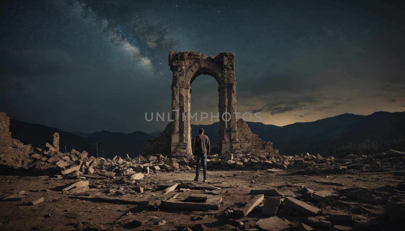 A single individual stands amidst the ruins of a once-grand structure, gazing upwards at the Milky Way stretching across the night sky. The scene is illuminated by the soft glow of the moon, casting long shadows on the debris and highlighting the contrast between the vastness of the cosmos and the remnants of human endeavors.