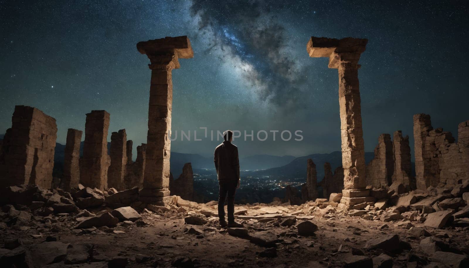 A single individual stands amidst the ruins of a once-grand structure, gazing upwards at the Milky Way stretching across the night sky. The scene is illuminated by the soft glow of the moon, casting long shadows on the debris and highlighting the contrast between the vastness of the cosmos and the remnants of human endeavors.