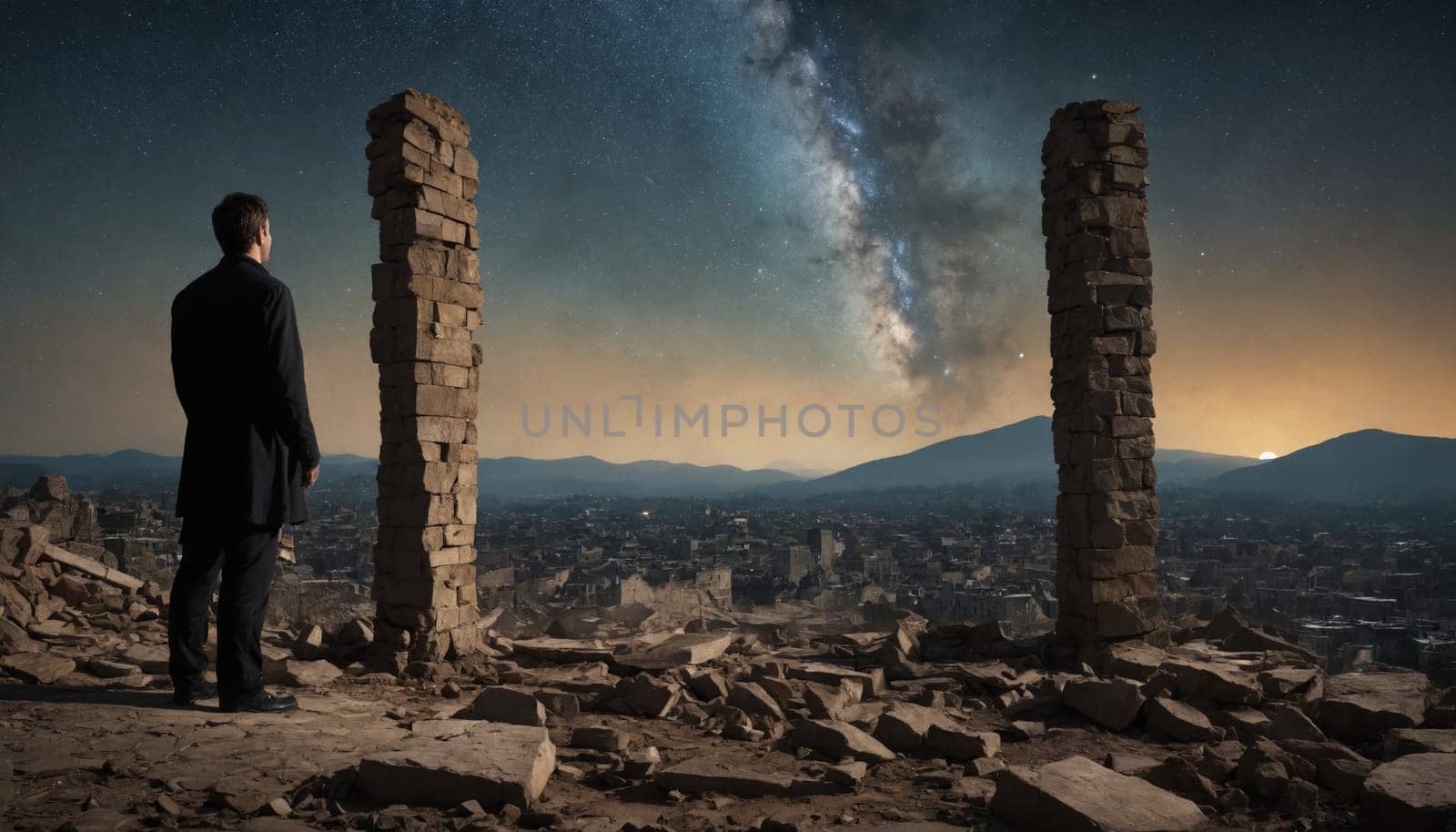 A lone figure stands amidst the rubble of a destroyed city, silhouetted against a backdrop of a starry night sky. A distant moon casts a soft, ethereal glow on the desolate landscape, highlighting the ruins of buildings and the scattered debris. The figure's posture suggests contemplation or perhaps a sense of loss as they survey the aftermath of a cataclysmic event.