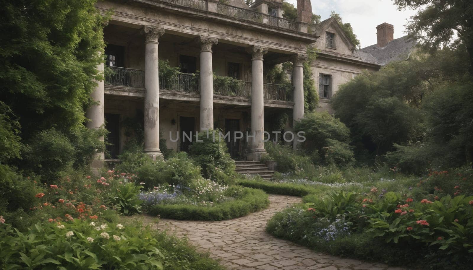 A stone path leads through a lush, overgrown garden towards a grand, aging mansion with a classical facade. The building is surrounded by greenery and vibrant flowers, creating a captivating scene of nature reclaiming its space. The path winds through the garden, inviting exploration and contemplation of the mansion's past.