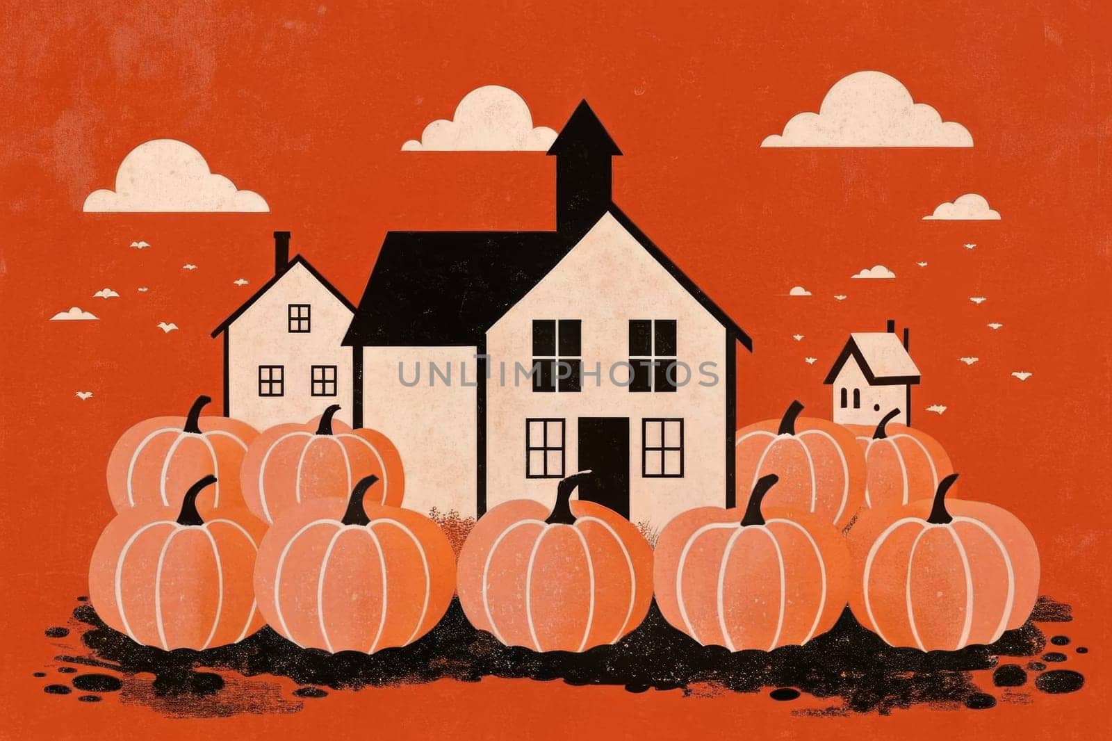 A quaint schoolhouse sits on a hillside amidst a vibrant orange sky. A row of large pumpkins sits in front of the building, marking the beginning of a harvest season in the countryside.