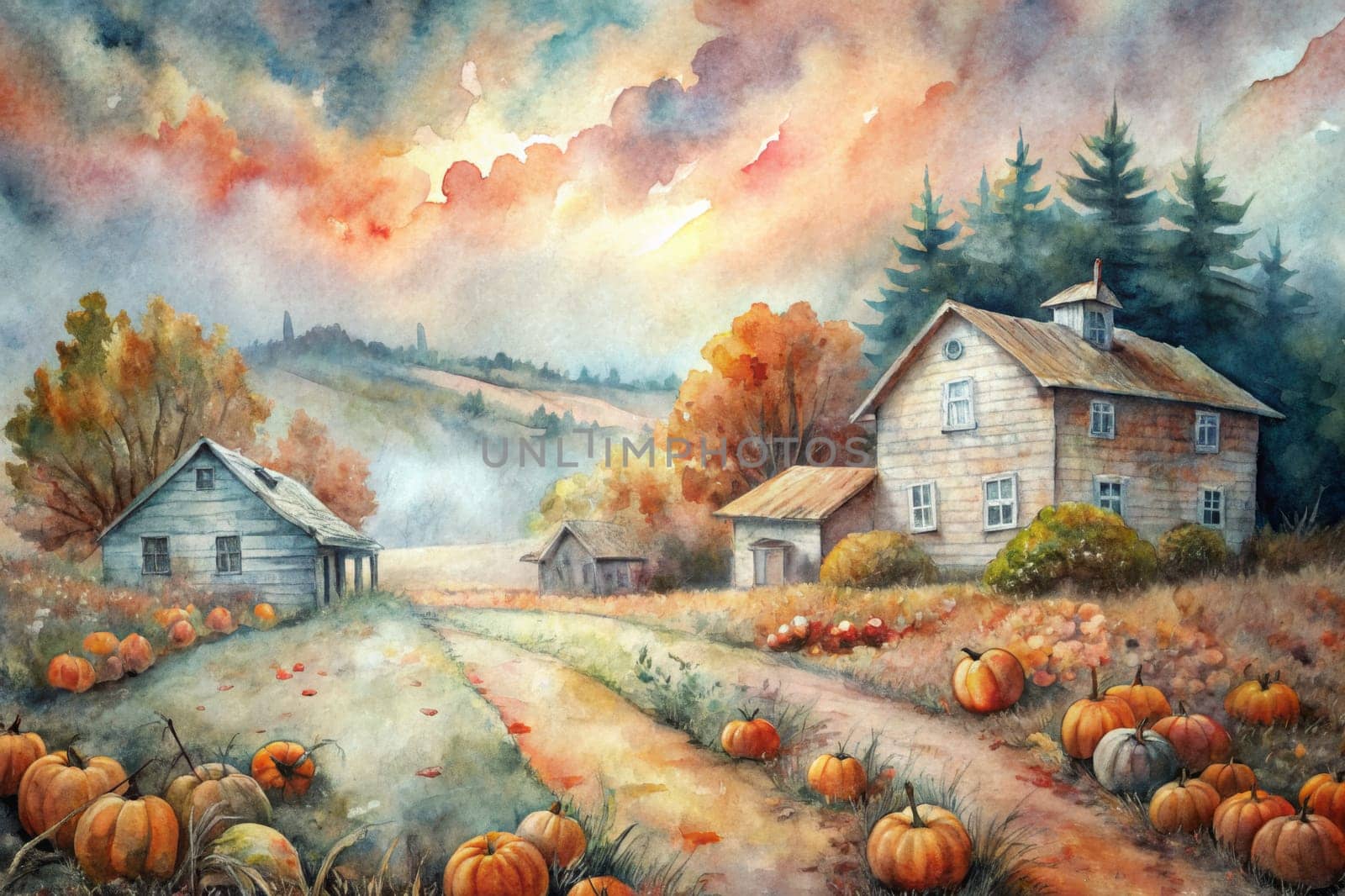 A picturesque scene of a quaint farmhouse nestled amongst a field of pumpkins, with vibrant hues of orange and yellow emanating from the setting sun. The soft, hazy light casts a warm glow upon the surrounding landscape, painting the sky with a dreamy palette of pink and purple clouds.