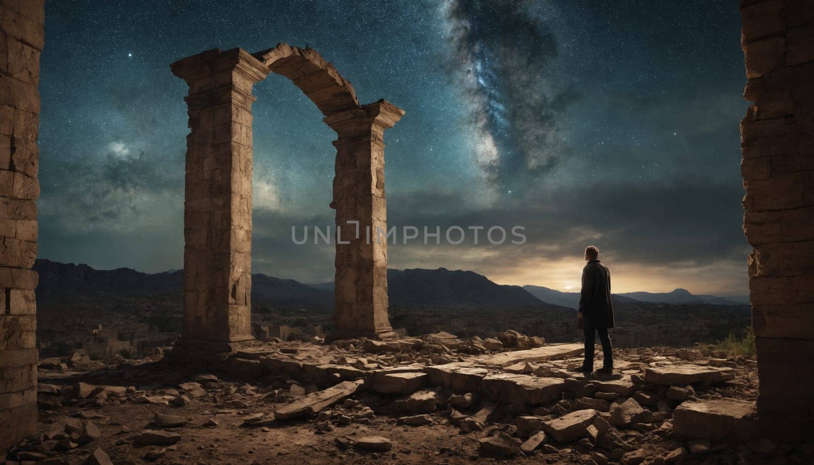 A lone figure stands amidst the crumbling remnants of an ancient archway, silhouetted against the vibrant backdrop of the Milky Way. The vastness of the night sky and the weight of history converge in this powerful composition.