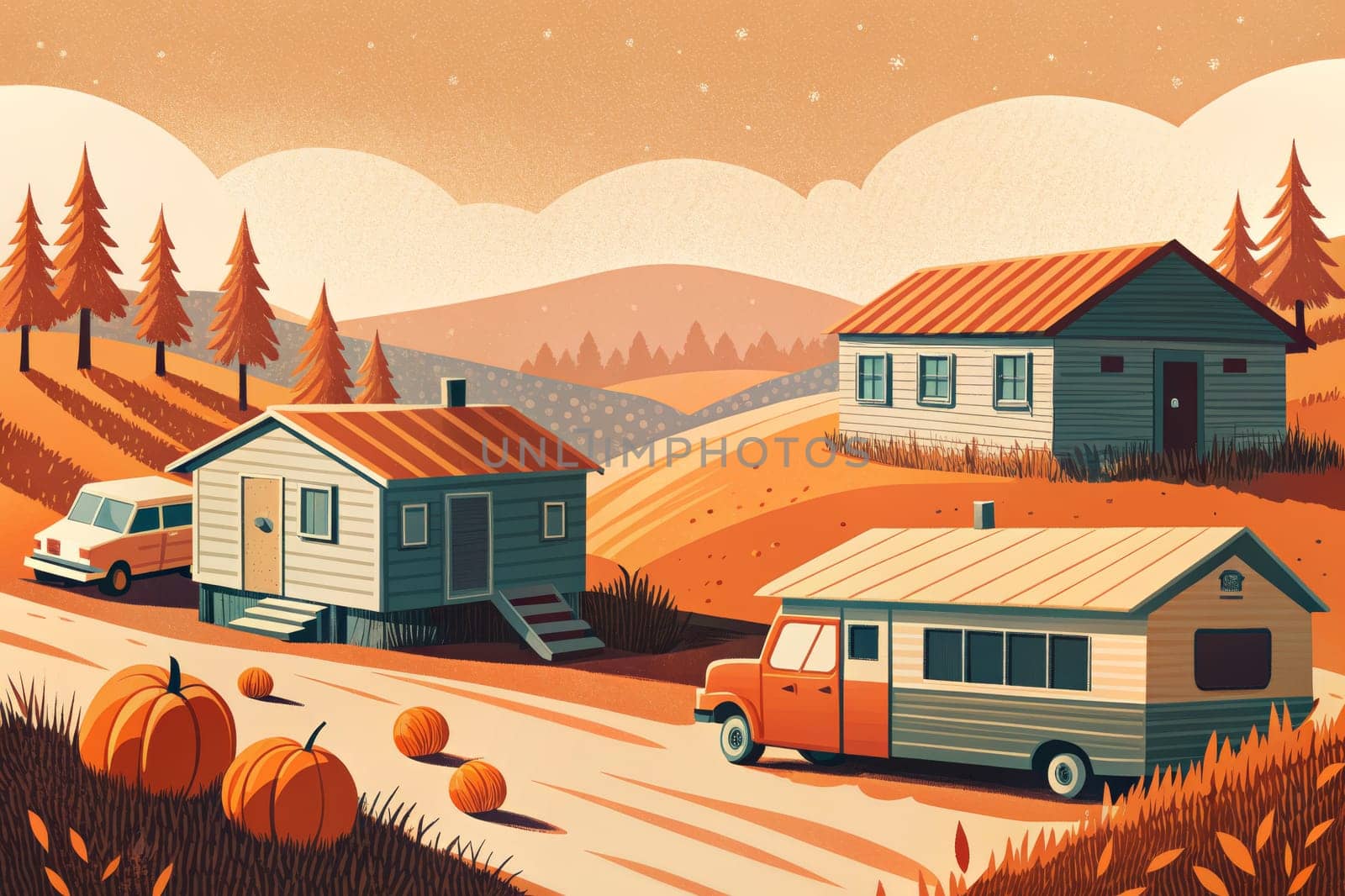 A picturesque scene unfolds in the countryside, showcasing a charming collection of homes nestled amongst rolling hills. The vibrant hues of autumn paint the landscape, with trees sporting warm shades of orange and yellow, while pumpkins dot the foreground, adding a touch of seasonal charm.