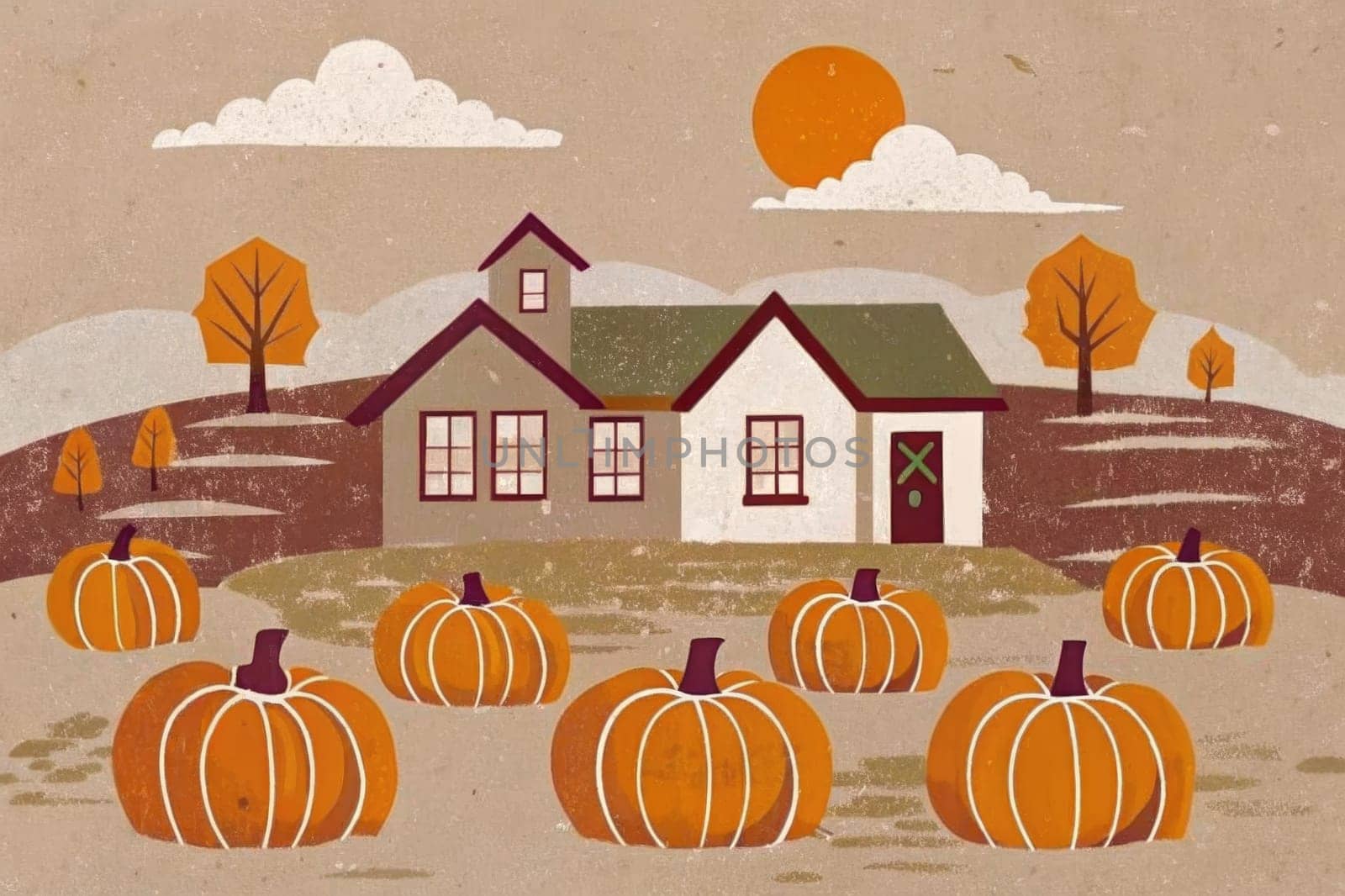 A stylized illustration depicting a quaint farmhouse nestled in a field of plump pumpkins. The warm hues of fall foliage and a bright orange sun create a cozy atmosphere.