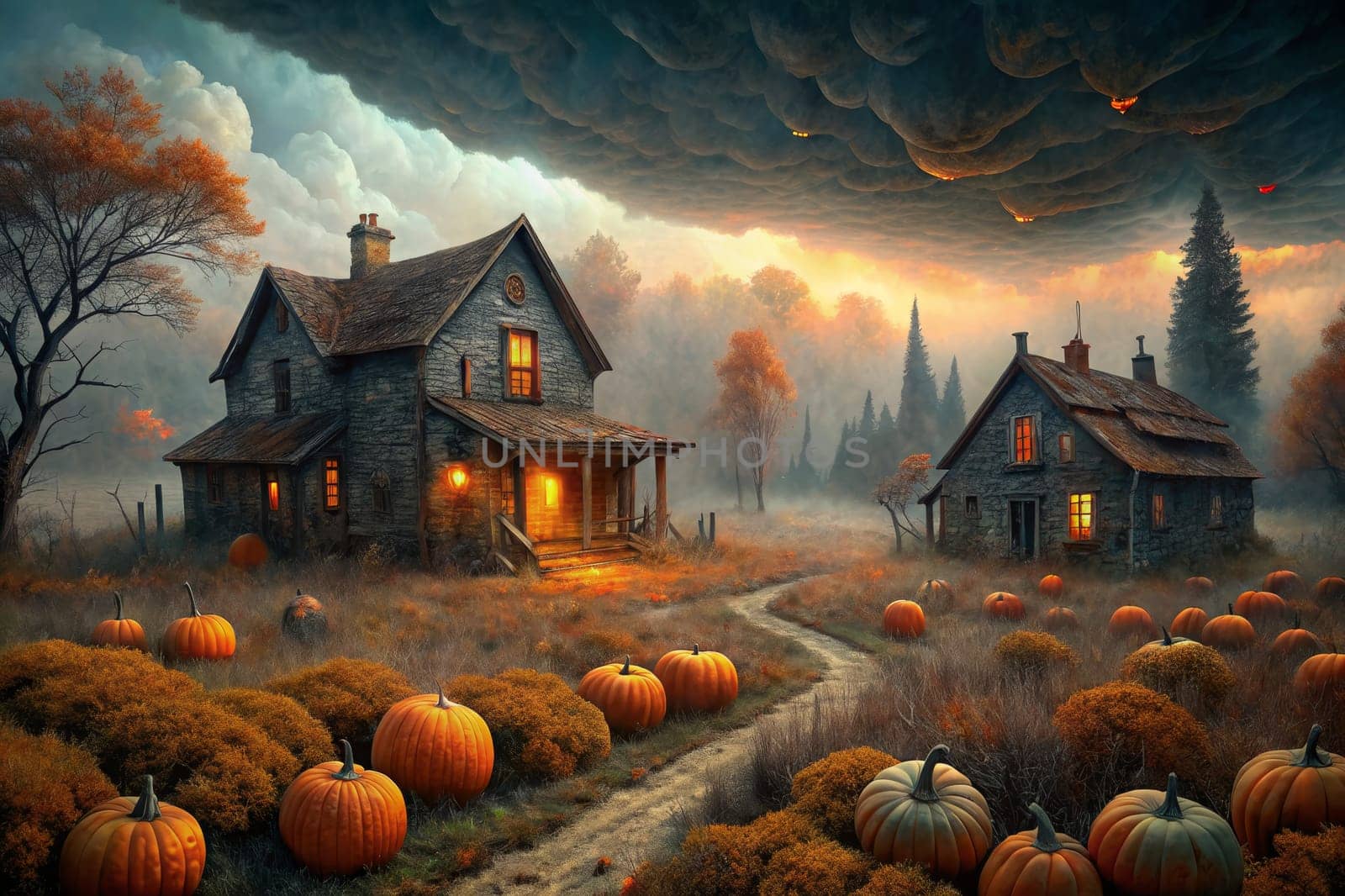 A pair of rustic homes stand side-by-side, bathed in the warm glow of twilight, nestled amidst a sprawling field of pumpkins. The sky is painted in hues of orange and purple, as clouds drift majestically overhead, casting long shadows across the landscape.