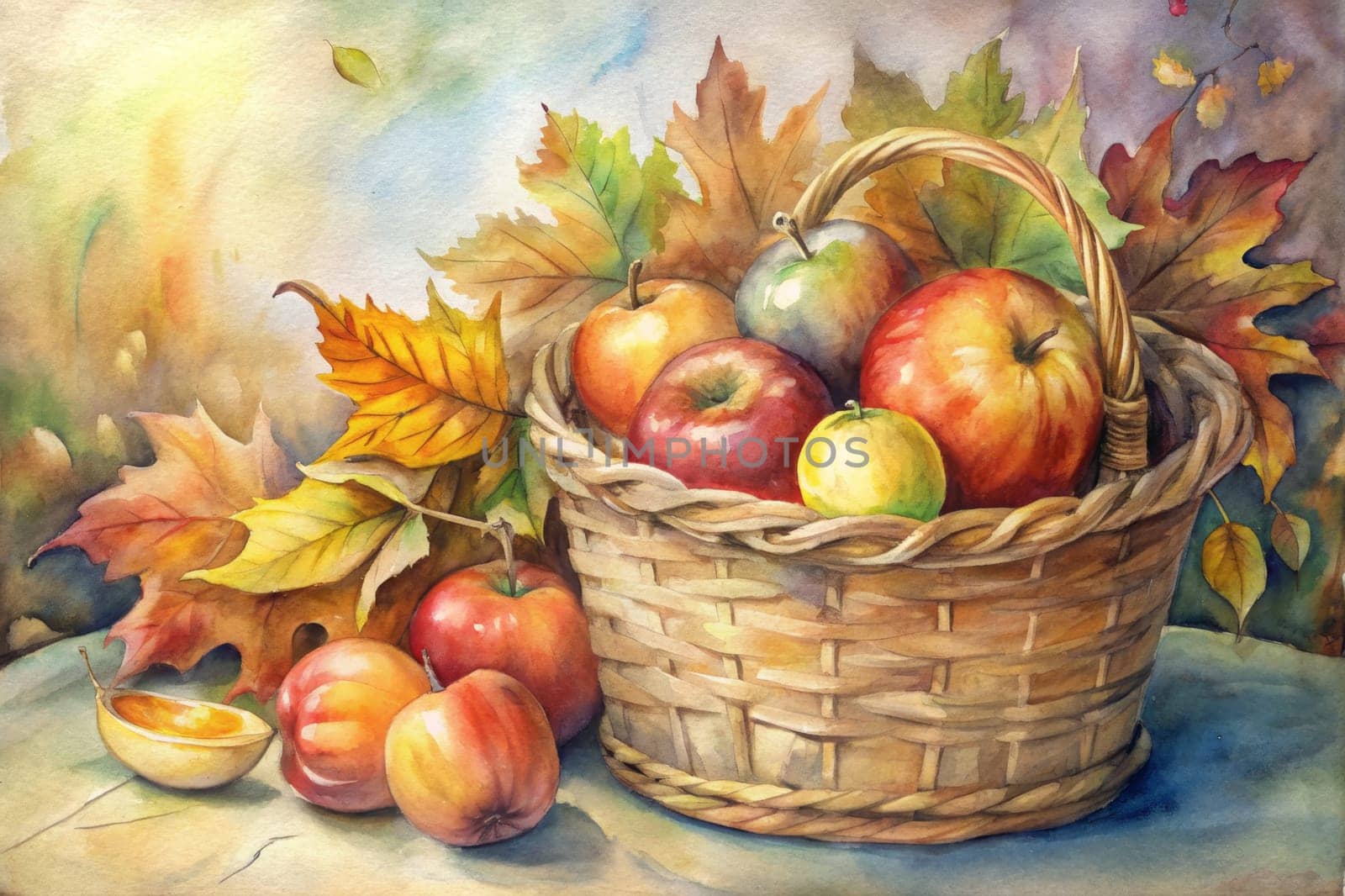 A wicker basket overflowing with ripe apples sits amongst fallen leaves, bathed in the warm glow of late summer sunlight. The apples, painted with vibrant hues of red, green, and yellow, symbolize the abundance of harvest. The leaves, in shades of gold and brown, gently cascade around the basket, hinting at the season's change.
