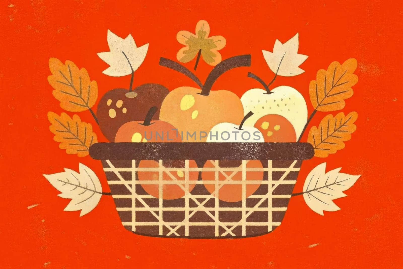 A wicker basket brimming with assorted apples, including red, green, and yellow varieties, sits nestled amidst a vibrant display of autumn leaves. The warm colors and textured details evoke a sense of cozy comfort and the abundance of the harvest season.