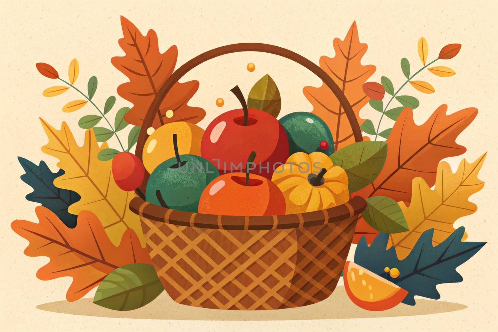 A woven basket sits nestled amongst colorful fall leaves, overflowing with red apples and a single yellow mango. The scene evokes a sense of autumnal warmth and harvest abundance.