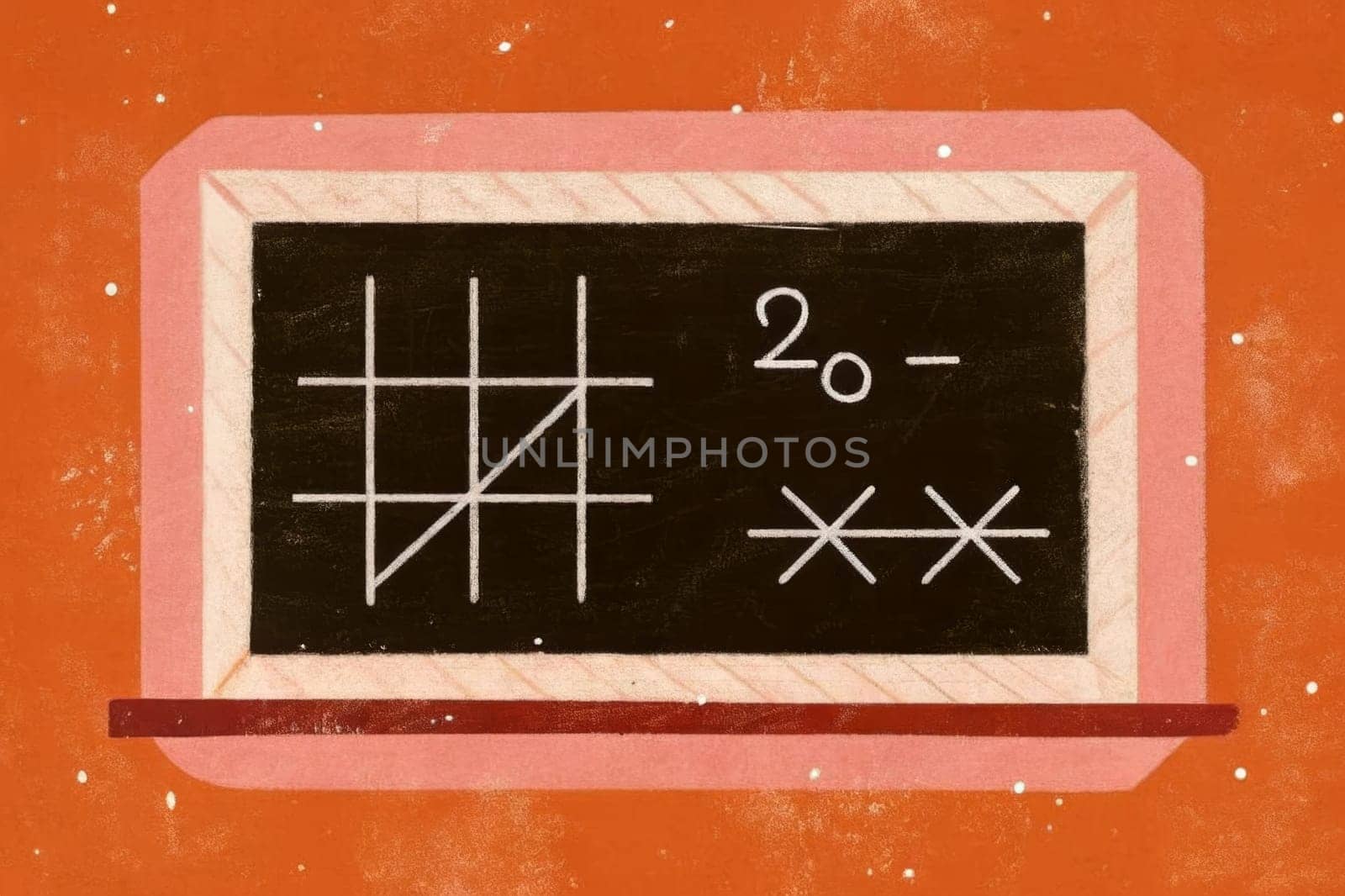 A vintage-style chalkboard with a pink and white frame sits against a dusty orange background, featuring a partially completed game of tic-tac-toe and a simple mathematical equation written in chalk.