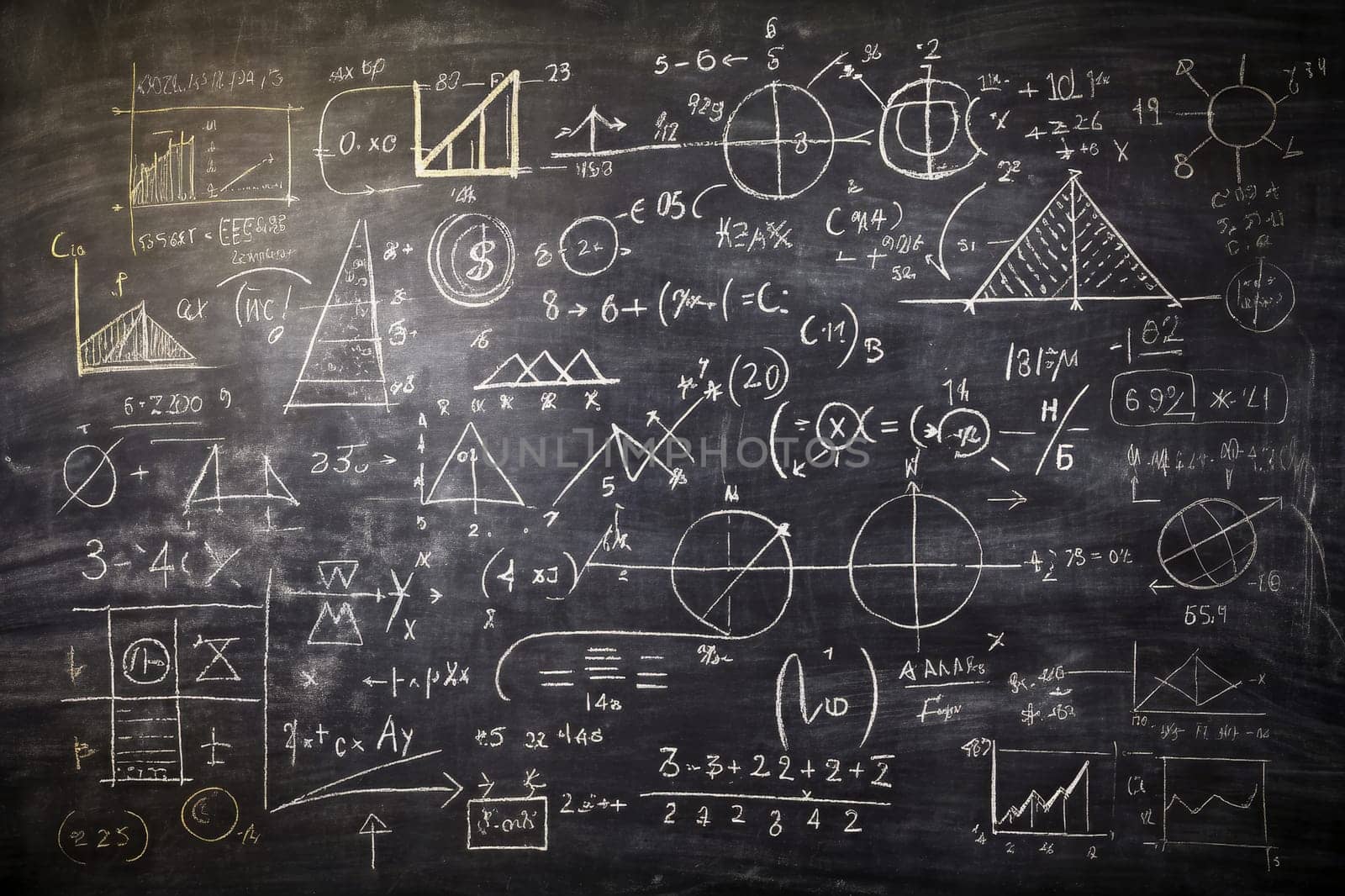 A chalkboard is covered in handwritten mathematical equations and geometric drawings, including a diagram of a pyramid and a graph with a vertical line through its center. The equations are written in white chalk, and the drawings are in both white and yellow chalk. The chalkboard is a dark black color, and the light from a window illuminates the left side of the image.