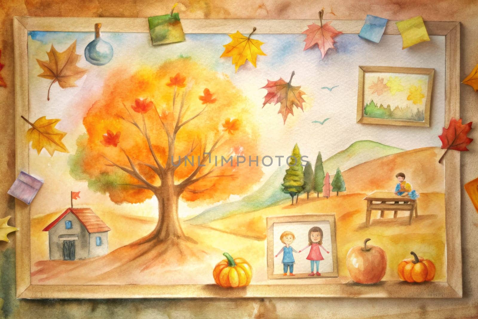 A watercolor painting features a variety of fall elements, including an apple, pumpkins, leaves, and trees in various shades of orange, yellow, green, and red. The painting is framed by a simple wooden border and set against a blue sky backdrop.