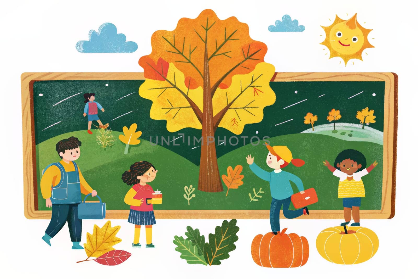 Four children play in a schoolyard on a sunny autumn day. They are surrounded by colorful leaves, a pumpkin, and a tree with yellow leaves. One child carries a book, another holds a stick, and two are waving their hands in the air.
