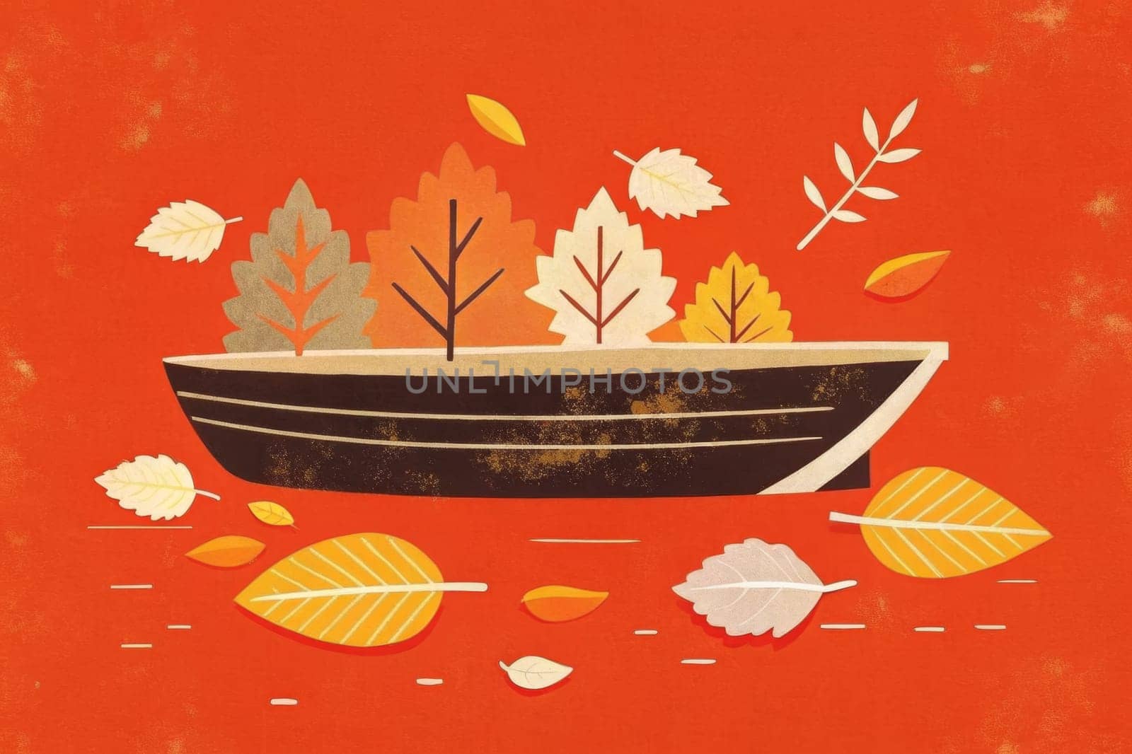 A black boat sits on top of a red surface with autumn leaves floating around it. The leaves are orange, yellow, and gray, with the boat floating above them.