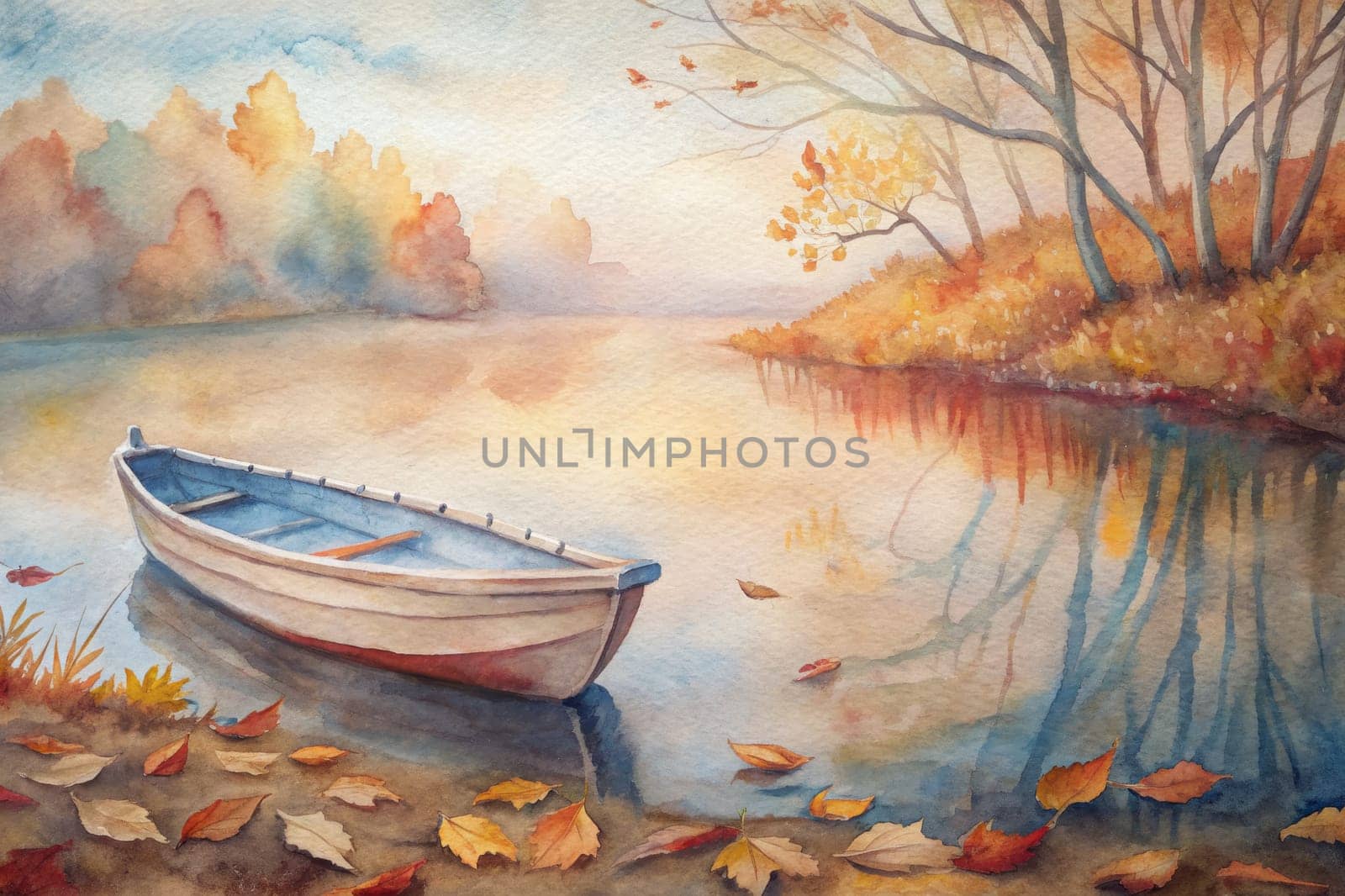 A small wooden rowboat sits nestled on the shore of a tranquil lake, surrounded by a scattering of fallen autumn leaves. The scene is painted in soft, muted tones, capturing the serene beauty of nature in the late season.