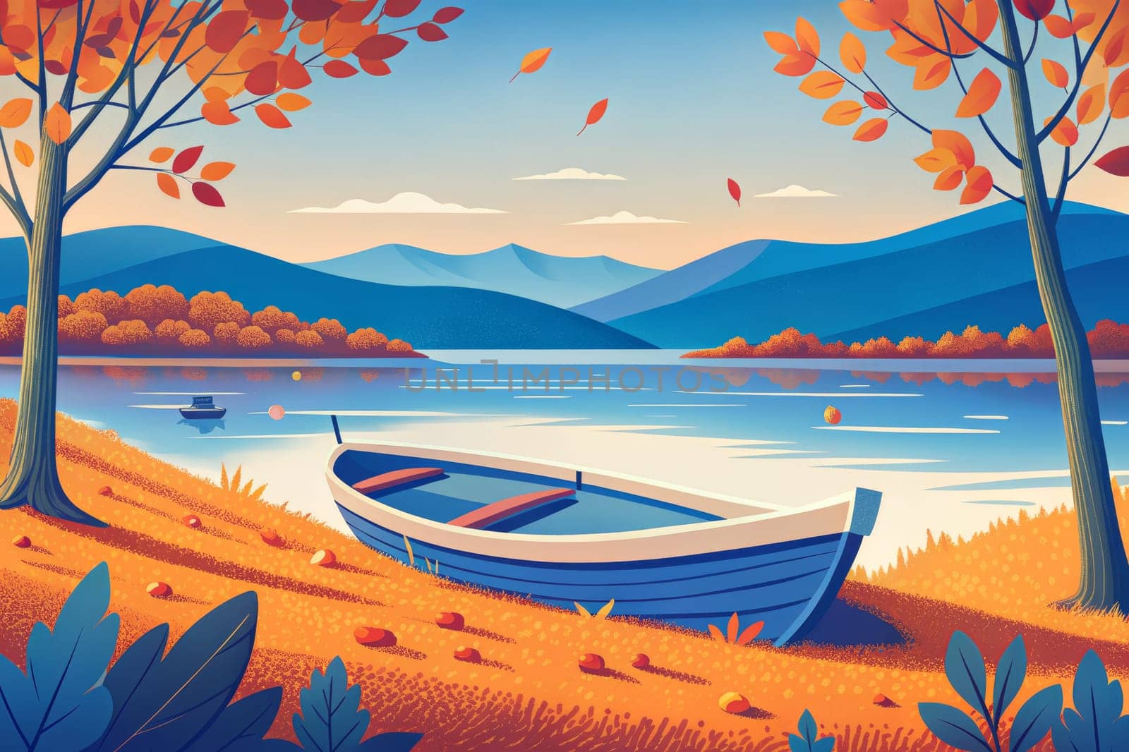 A peaceful autumnal scene unfolds with a blue rowboat resting on the sandy shore of a calm lake. Orange and red leaves fall from the trees lining the lake, while the mountains in the distance are painted in shades of blue. The sky is a soft blue with wispy clouds and the lake reflects the colors of the surrounding environment.