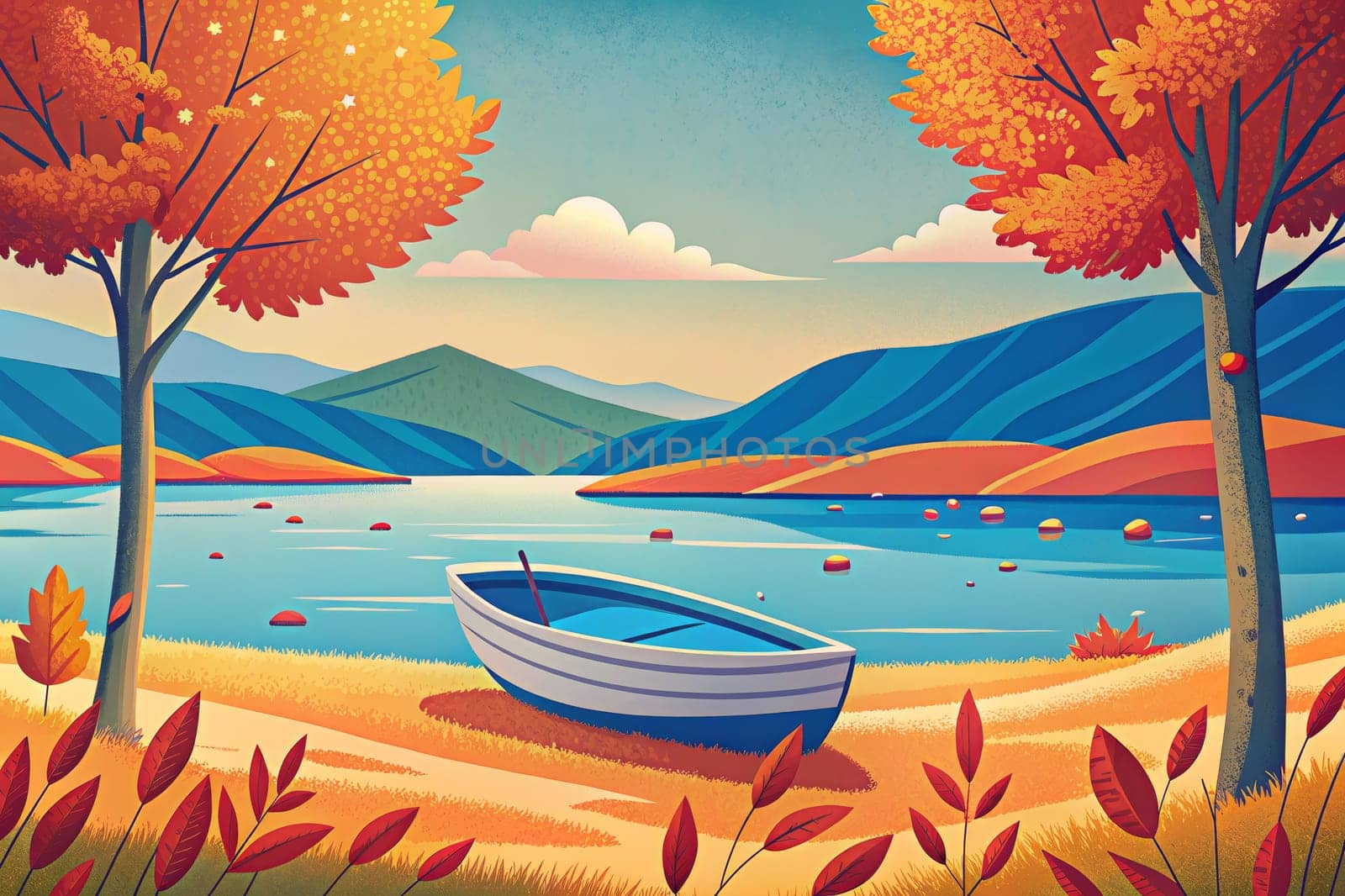 The image depicts a serene autumn scene with a small boat resting on a sandy beach. The water is calm and reflects the colors of the sunset sky, which is painted with hues of orange, pink, and blue. A single tree with vibrant orange leaves stands near the water's edge, while mountains rise in the distance. Scattered leaves on the beach suggest a gentle breeze and the passage of fall.