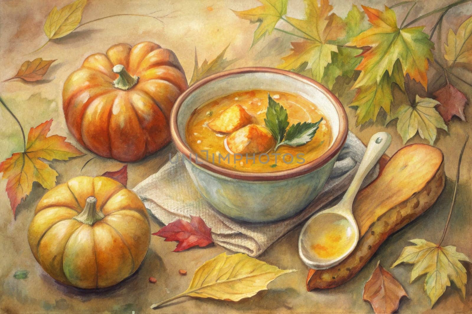 A bowl of golden soup, garnished with a sprig of green herbs, sits on a rustic table surrounded by pumpkins and fallen leaves. A white spoon rests on a slice of bread, ready to enjoy the comforting warmth of the soup.