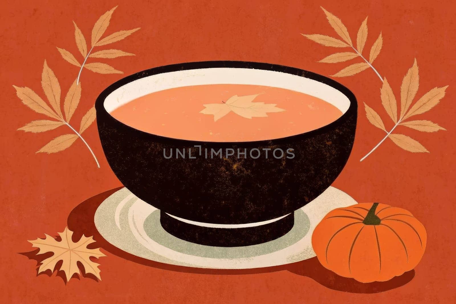 A bowl of pumpkin spice soup sits on a saucer with a single maple leaf floating in the broth. A small pumpkin rests on the table beside it, and a few fall leaves are scattered around. The warm, inviting scene is set against a vibrant red background.