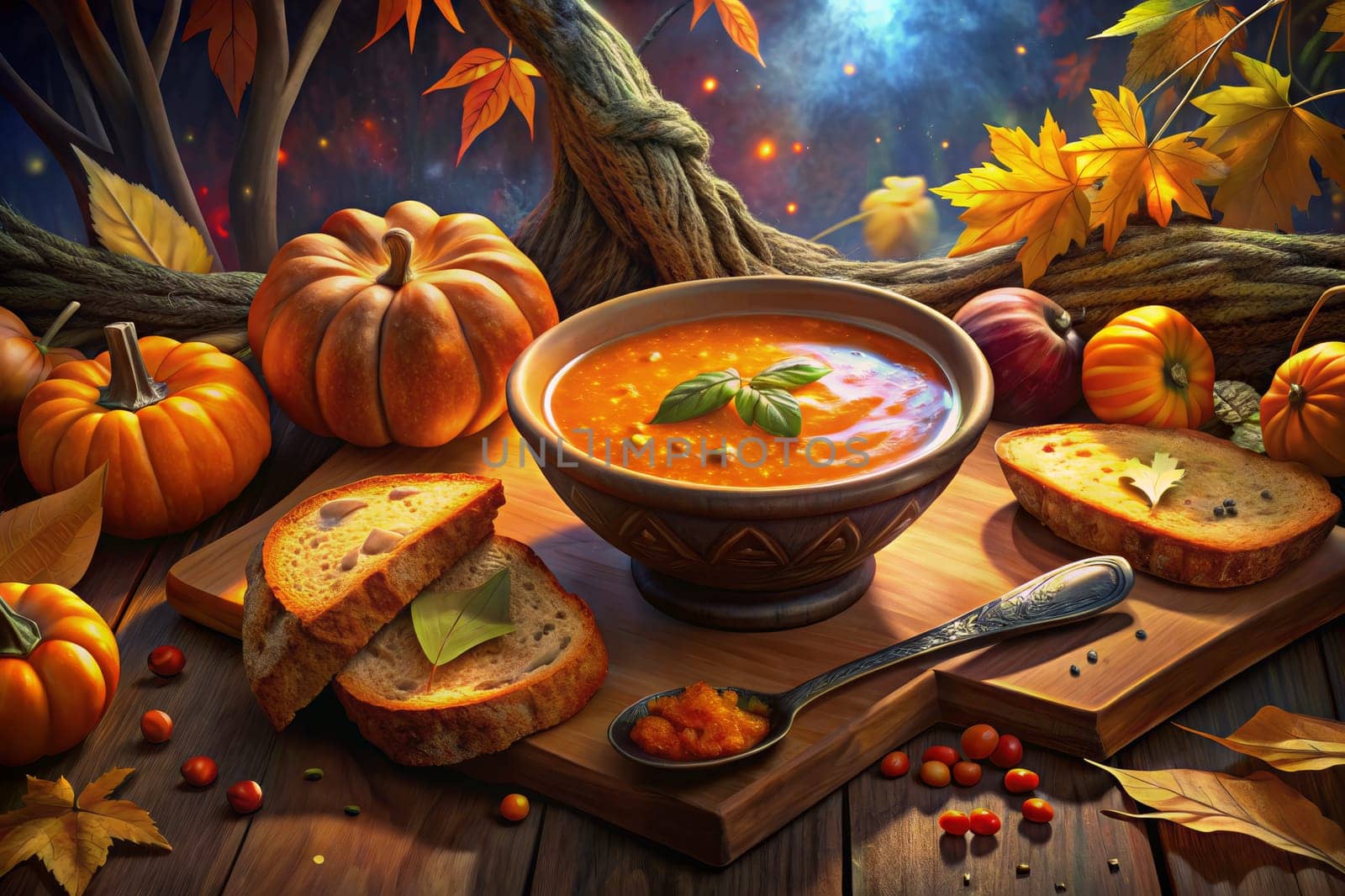 A bowl of warm pumpkin soup sits on a wooden table, surrounded by pumpkins, autumn leaves, and crusty bread. The setting is rustic and cozy, perfect for a chilly fall day.