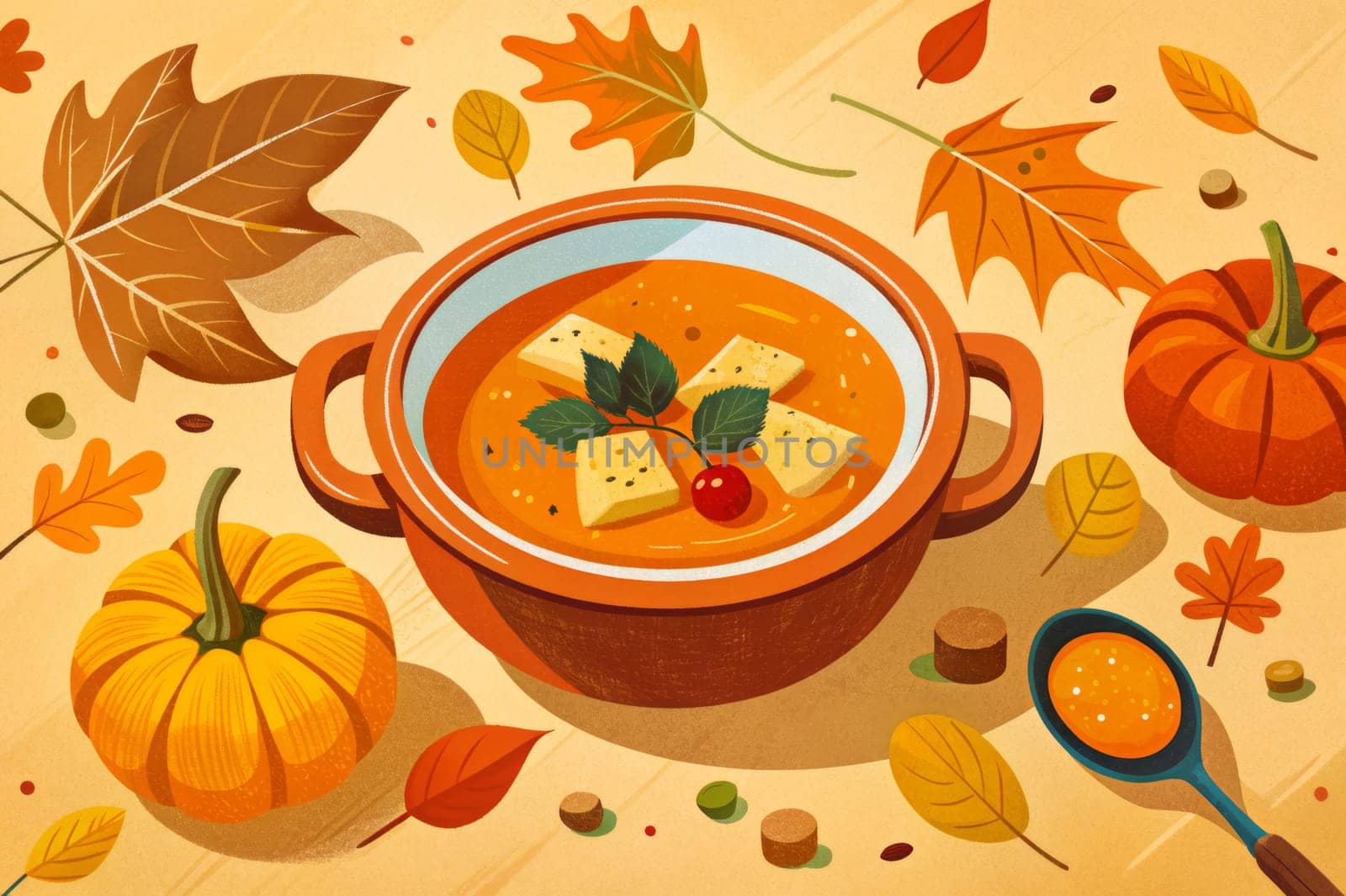 A bowl of pumpkin soup with croutons, garnished with a cherry and a sprig of green leaves, sits on a table surrounded by colorful autumn leaves, a small pumpkin, and a spoon of soup.