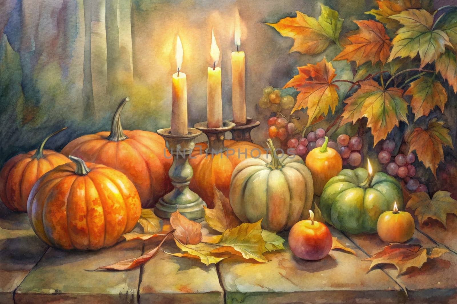 A still life painting features a variety of gourds and pumpkins, set against a backdrop of fall foliage. The scene is illuminated by the warm glow of candlelight, casting a soft, inviting light over the composition.