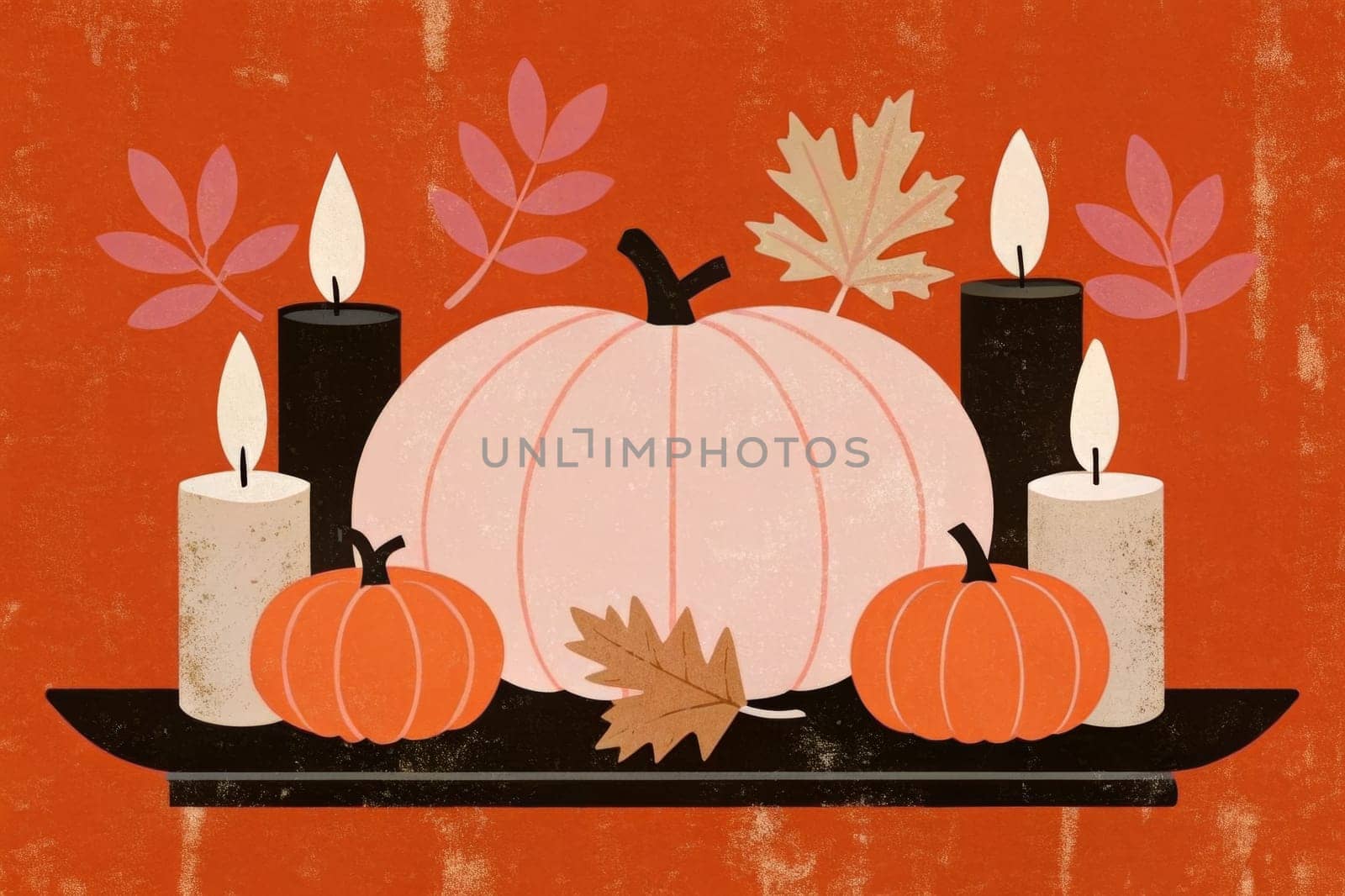 A tabletop display featuring a large orange pumpkin surrounded by smaller pumpkins, all resting on a wooden pedestal with a rustic brown background. Five white candles with flames stand upright on either side of the pumpkins, adding a warm glow to the scene. The pumpkins and candles are accented by green and red fall leaves, creating a festive and cozy autumnal atmosphere.