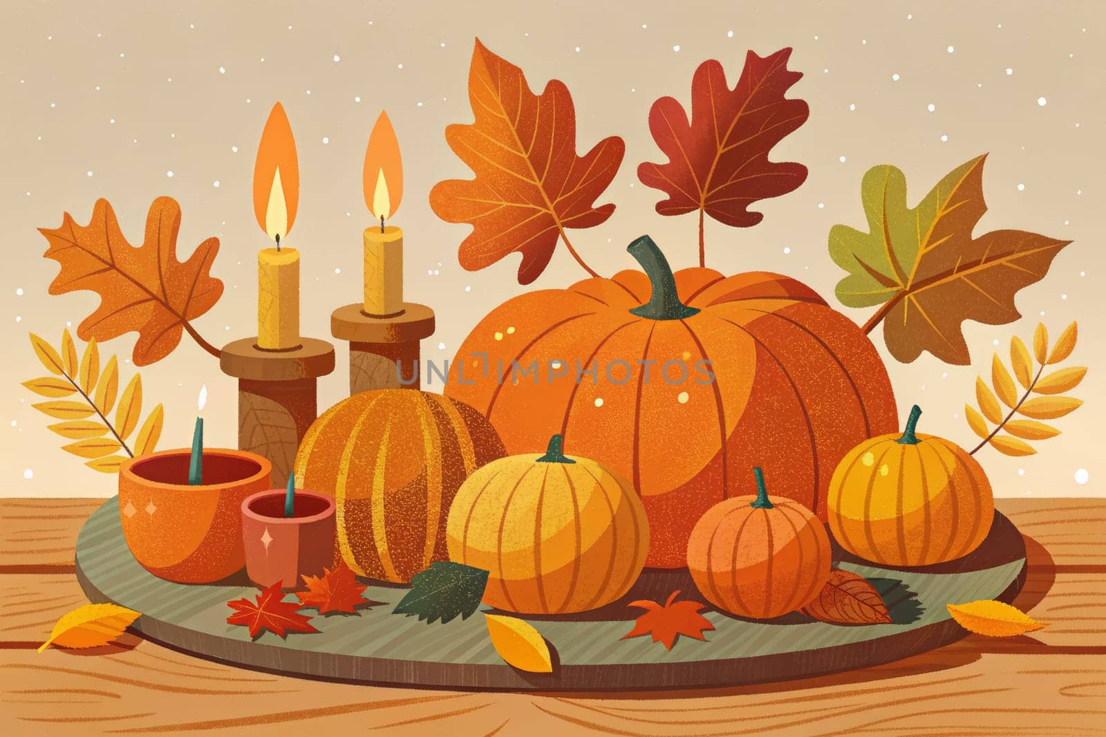 A charming autumnal still life featuring a collection of pumpkins of varying sizes nestled together on a wooden table. Two tall candles illuminate the scene, while scattered autumn leaves add a touch of warmth and vibrancy.