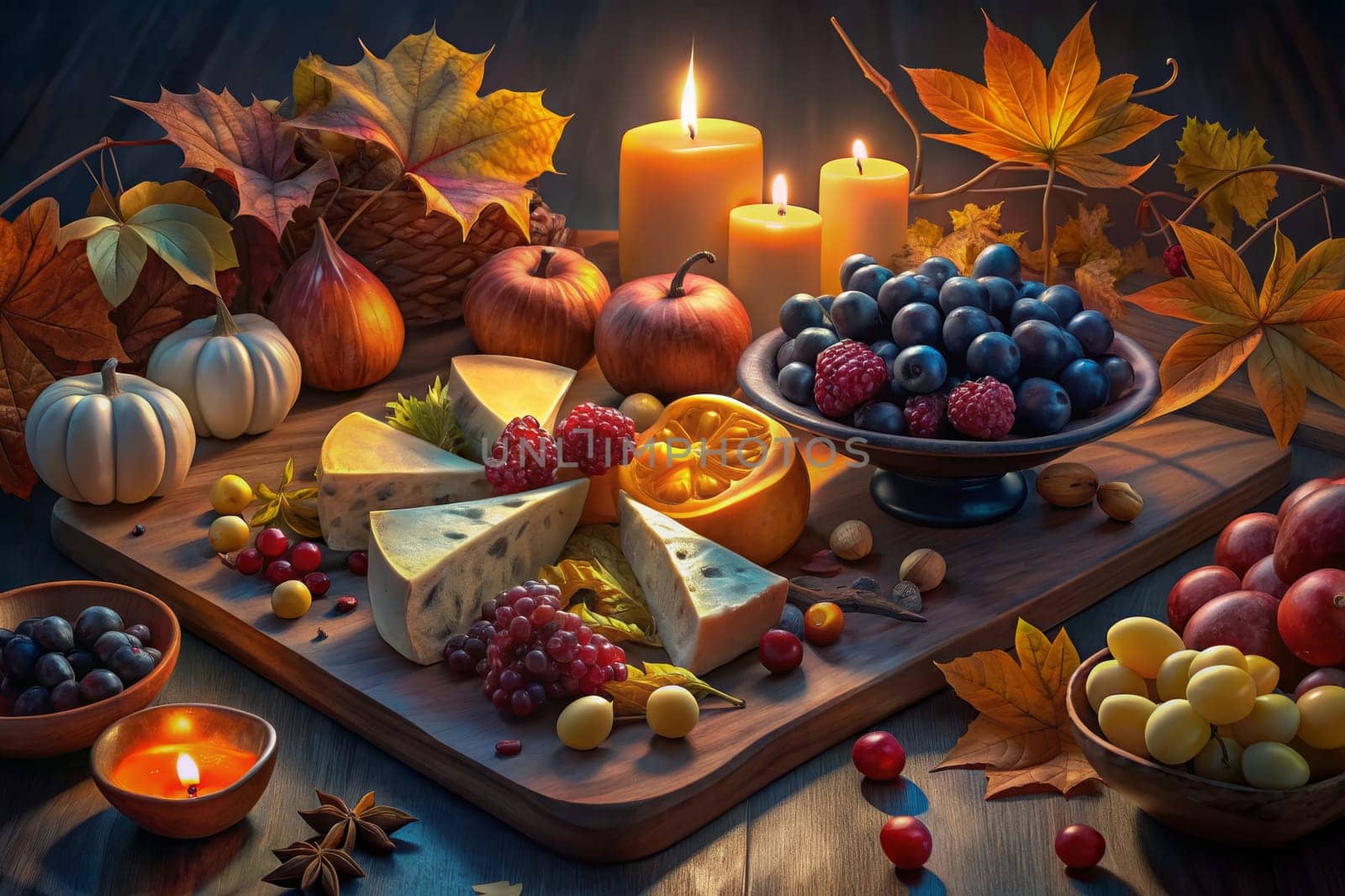 A rustic wooden cutting board laden with creamy cheese, plump grapes, and fall-inspired gourds is illuminated by the warm glow of candlelight. The scene is complete with autumn leaves, ripe apples, and a touch of romantic charm.