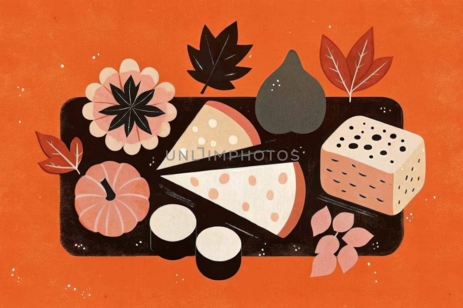 An illustration of a wooden cheeseboard featuring a variety of cheeses, fruit, and fall foliage. The board is filled with sliced cheese, a whole apple, a pumpkin, and a cluster of grapes. The arrangement is complemented by autumn leaves and a honeycomb-like sweet treat.