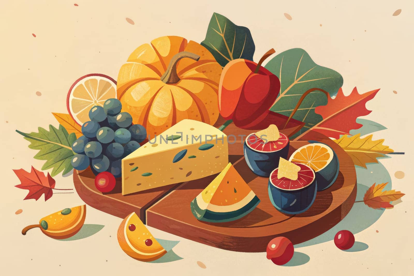 A vibrant collection of autumnal fruits and cheeses rests on a wooden platter, surrounded by leaves and a delicate scattering of cranberries. The centerpiece is a large, ripe pumpkin, radiating warmth and abundance.