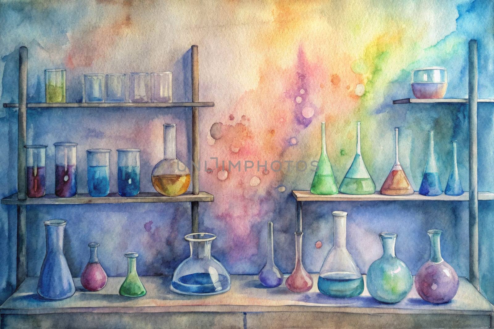 A watercolor painting portrays a laboratory scene with shelves filled with glass flasks and beakers, each containing vibrant colored liquids. A colorful watercolor background reminiscent of a rainbow provides a whimsical and enchanting ambiance.