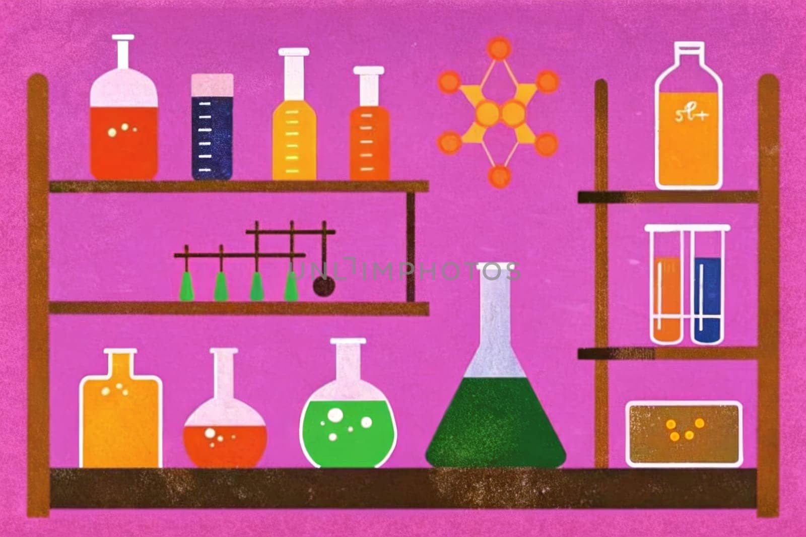 A vintage illustration depicts a laboratory setting with a colorful collection of glassware and equipment on shelves. Different shapes and sizes of beakers, flasks, and test tubes are displayed, along with other lab tools, all arranged in a visually appealing manner.