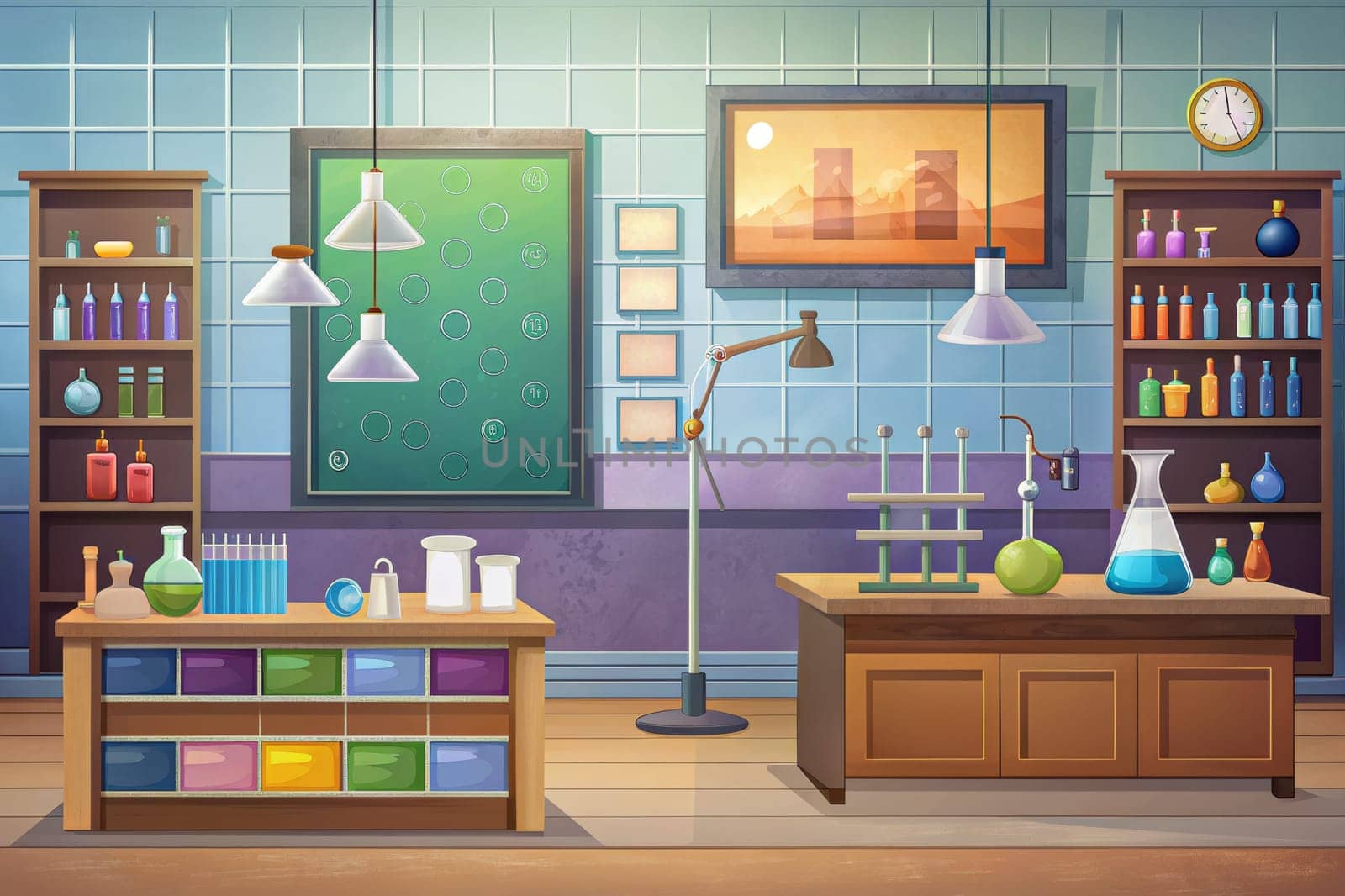 A laboratory space with an abundance of glassware and a warm glow from the hanging lamps. The room has brick walls and a wooden workbench, creating a cozy and inviting atmosphere. There is a variety of colorful glass beakers, flasks, and bottles, hinting at ongoing experiments and scientific pursuits.