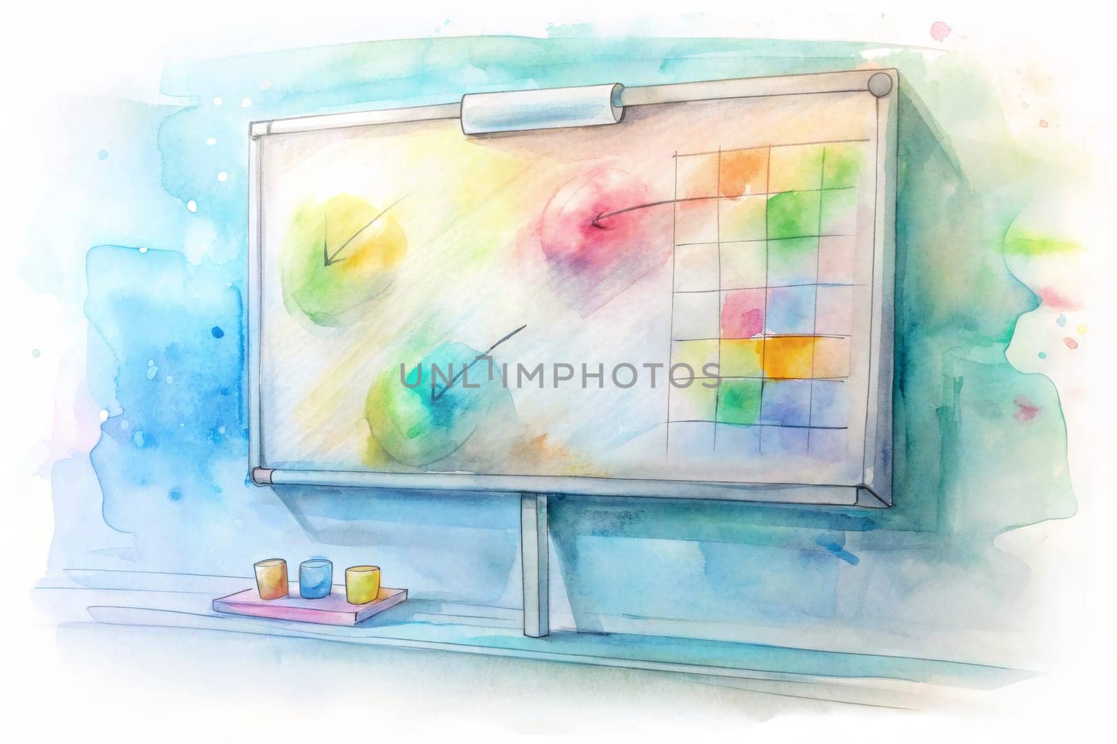 A watercolor painting depicts a whiteboard with colorful circles and a grid, resting on a shelf against a soft blue wall. Three small colorful containers sit on the shelf, adding to the overall visual appeal.