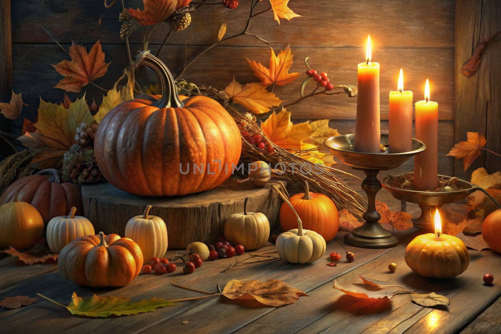 A collection of pumpkins and candles are arranged on a wooden table, bathed in the warm glow of the setting sun. The pumpkins are of various sizes and colors, and the candles are lit, casting a soft, inviting light. Scattered around the pumpkins and candles are autumn leaves, pinecones, and other natural elements, creating a cozy and inviting atmosphere.