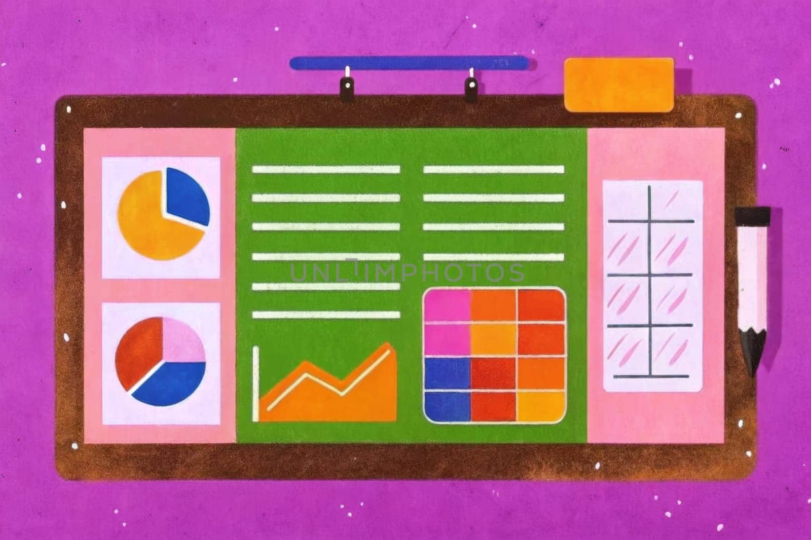 A white canvas on an easel displays a grid of eight colorful rectangles, each containing white text. Two small yellow sticky notes are attached to the canvas, one in the center of the top row and one on the bottom right corner. The canvas is decorated with a simple line and three colored circles at the top.