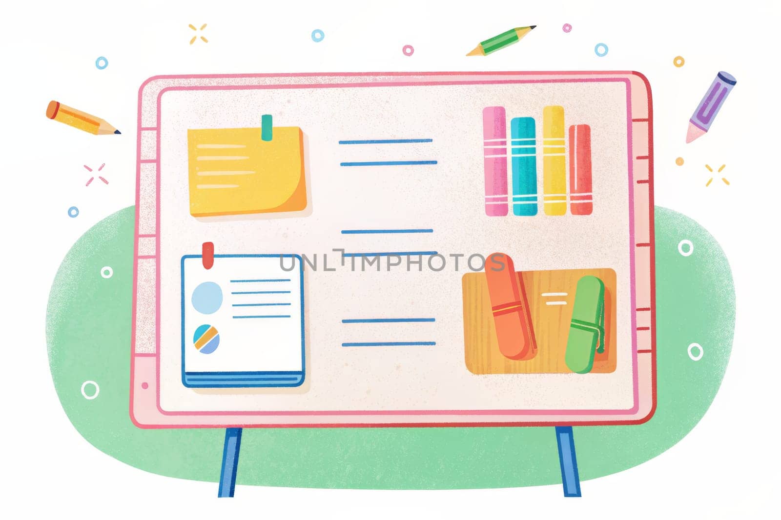 A whiteboard stands on two legs with a variety of colorful diagrams and charts drawn on its surface. These include pie charts, bar charts, and connected notes. A green slider and a red pushpin are visible, hinting at a recent brainstorming session.