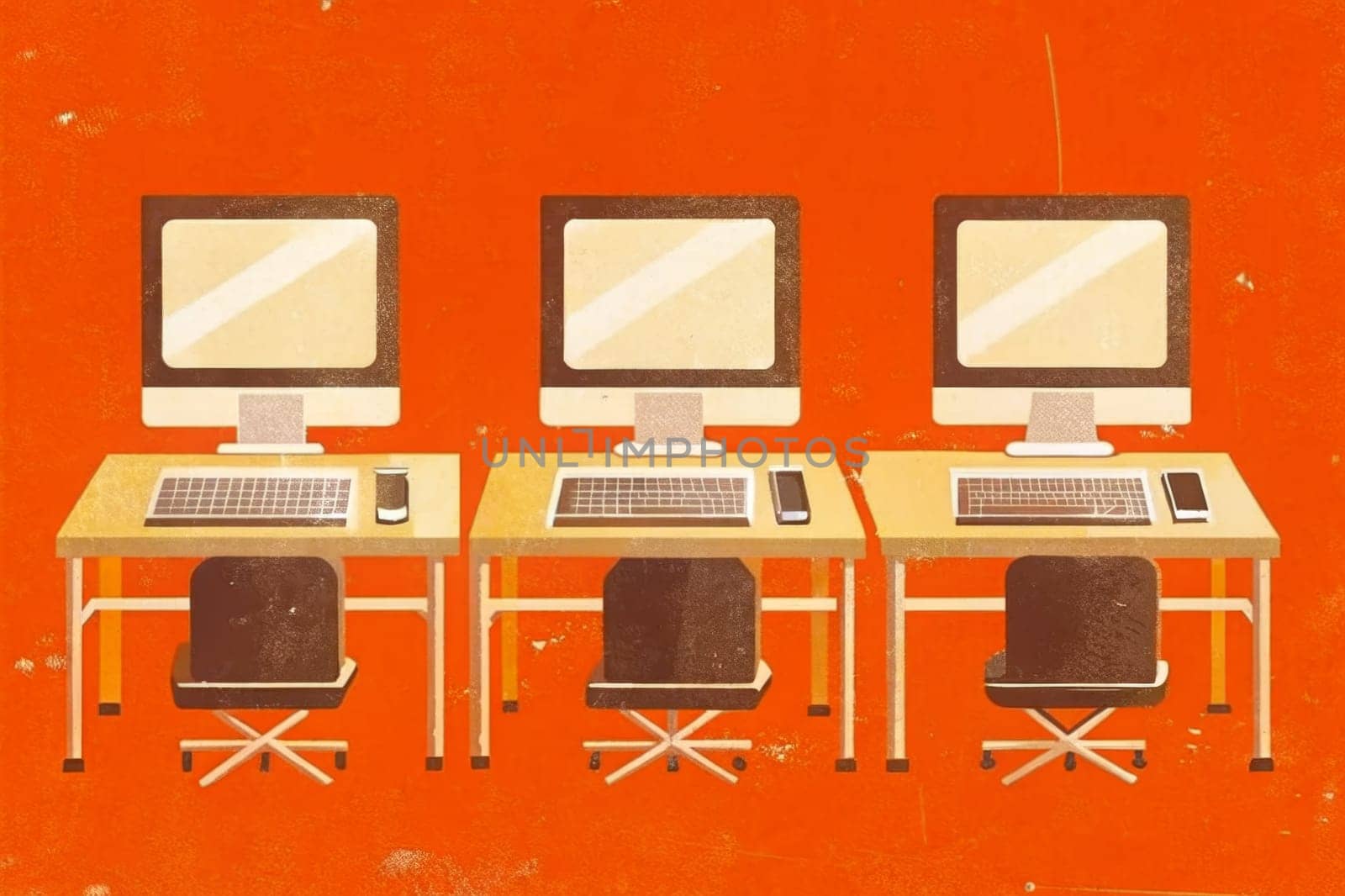 Three identical computer workstations with keyboards, monitors, and office chairs are arranged in a row on a bright orange background, reminiscent of a vintage office space. Each station is ready for work or creative expression, suggesting collaboration or individual focus.
