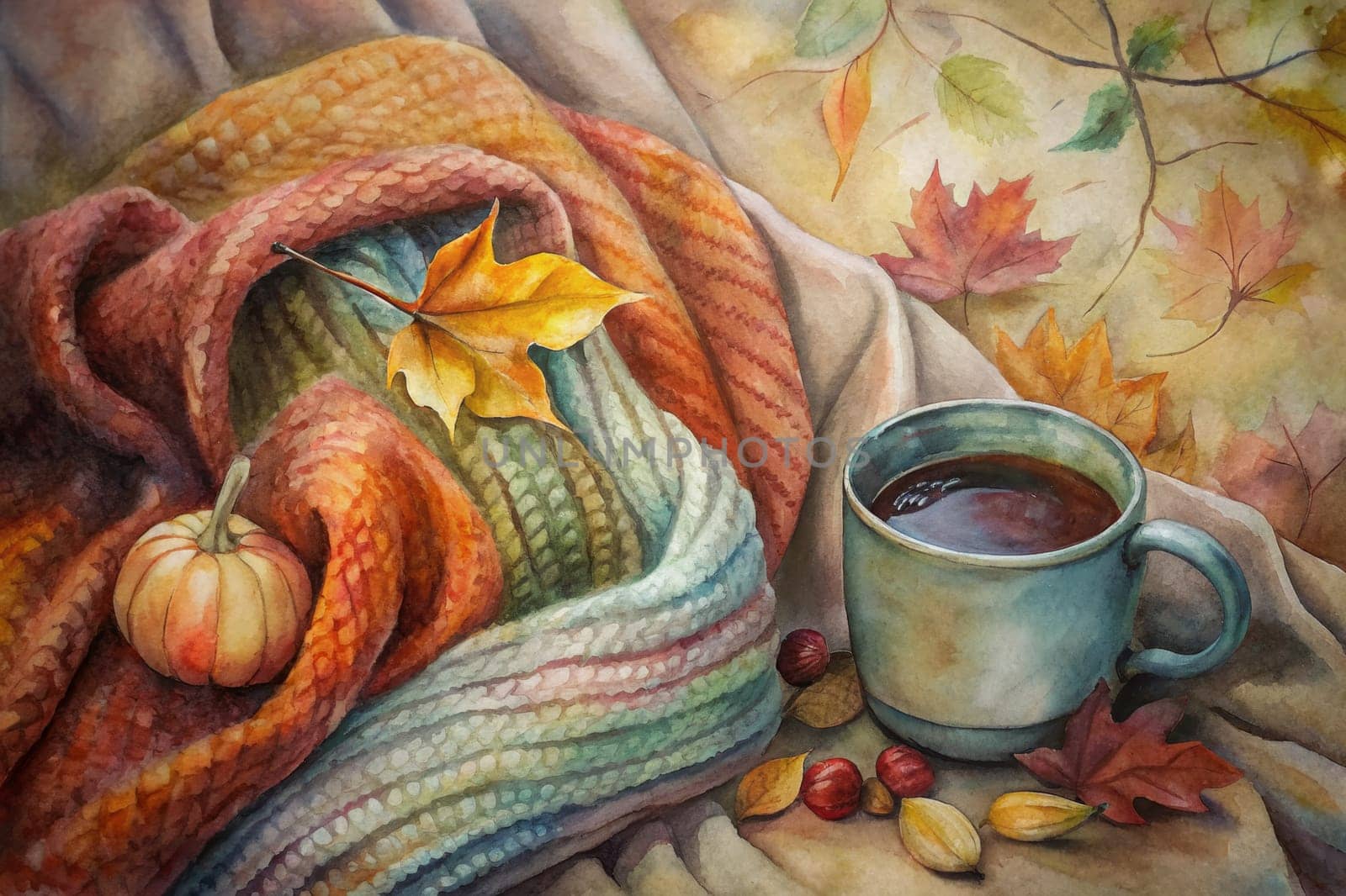 A watercolor painting depicts a cozy autumn scene with a warm blanket, a small pumpkin, and a steaming cup of tea. Fallen leaves and nuts are scattered around the composition, hinting at the changing season.
