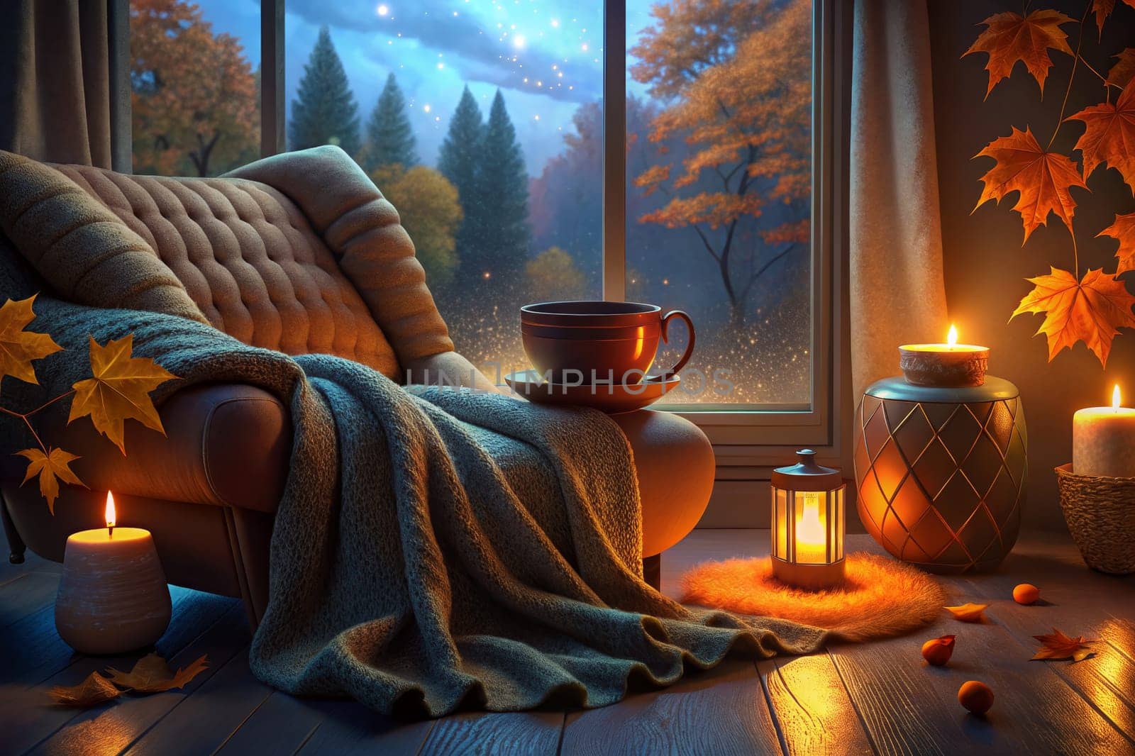 A cozy armchair sits beside a window overlooking a forest, bathed in the soft glow of candlelight. A warm blanket drapes across the chair, inviting one to relax and enjoy a cup of tea as the evening unfolds.