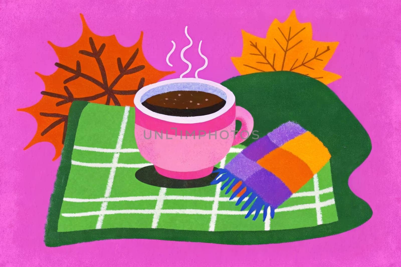 A warm, steaming mug of hot drink rests atop a cozy plaid blanket, surrounded by fallen leaves and a snowflake. The scene evokes a feeling of warmth and comfort on a cool autumn day.