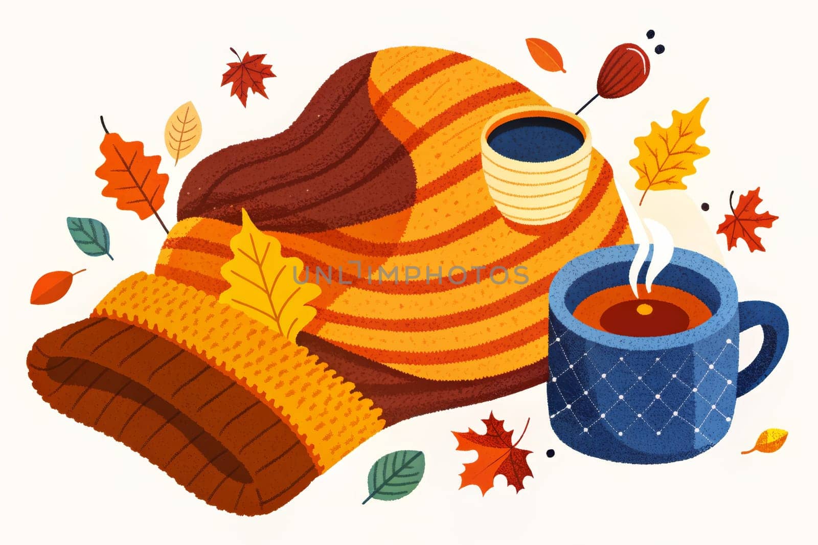 A cup of steaming cocoa sits beside a cozy, folded scarf, with fall leaves, a small pumpkin, and a red apple floating around. The scene is warm and inviting, perfect for a chilly evening.
