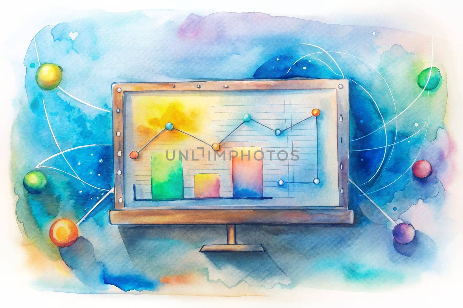 A watercolor painting depicts a computer monitor displaying a bar chart and line graph, surrounded by a swirling blue cosmos with colorful orbs. The soft colors and whimsical design create a serene and dreamlike atmosphere, suggesting a connection between data and imagination.