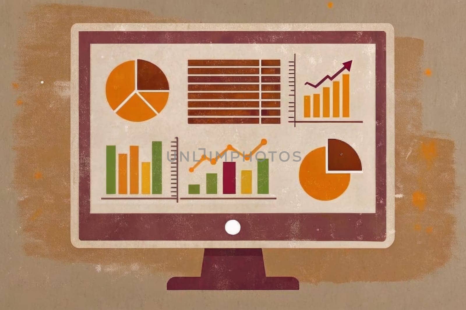 A computer monitor displays a bar graph with a trend line moving upwards. The graph has multiple colorful bars, representing different data points. The trend line suggests positive growth or progress.