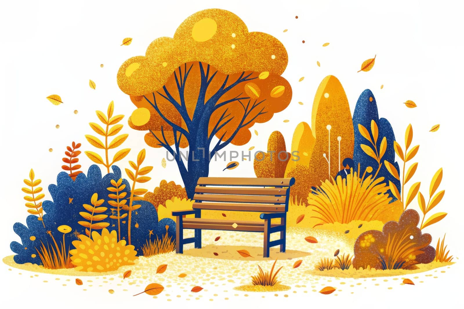 A solitary wooden bench rests in the heart of a park, surrounded by vibrant yellow and blue foliage. The trees are ablaze with autumn colors, their leaves gently falling to the ground. The air is calm and peaceful, inviting visitors to pause and enjoy the beauty of the season.