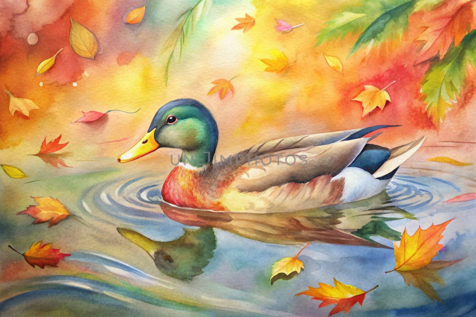 A lone duck, its feathers a muted symphony of brown and gray, glides effortlessly through the still waters of a pond. Above, a branch laden with vibrant red and yellow leaves reaches down, as if offering a farewell to summer. The water reflects the autumnal hues, creating a serene and colorful landscape.