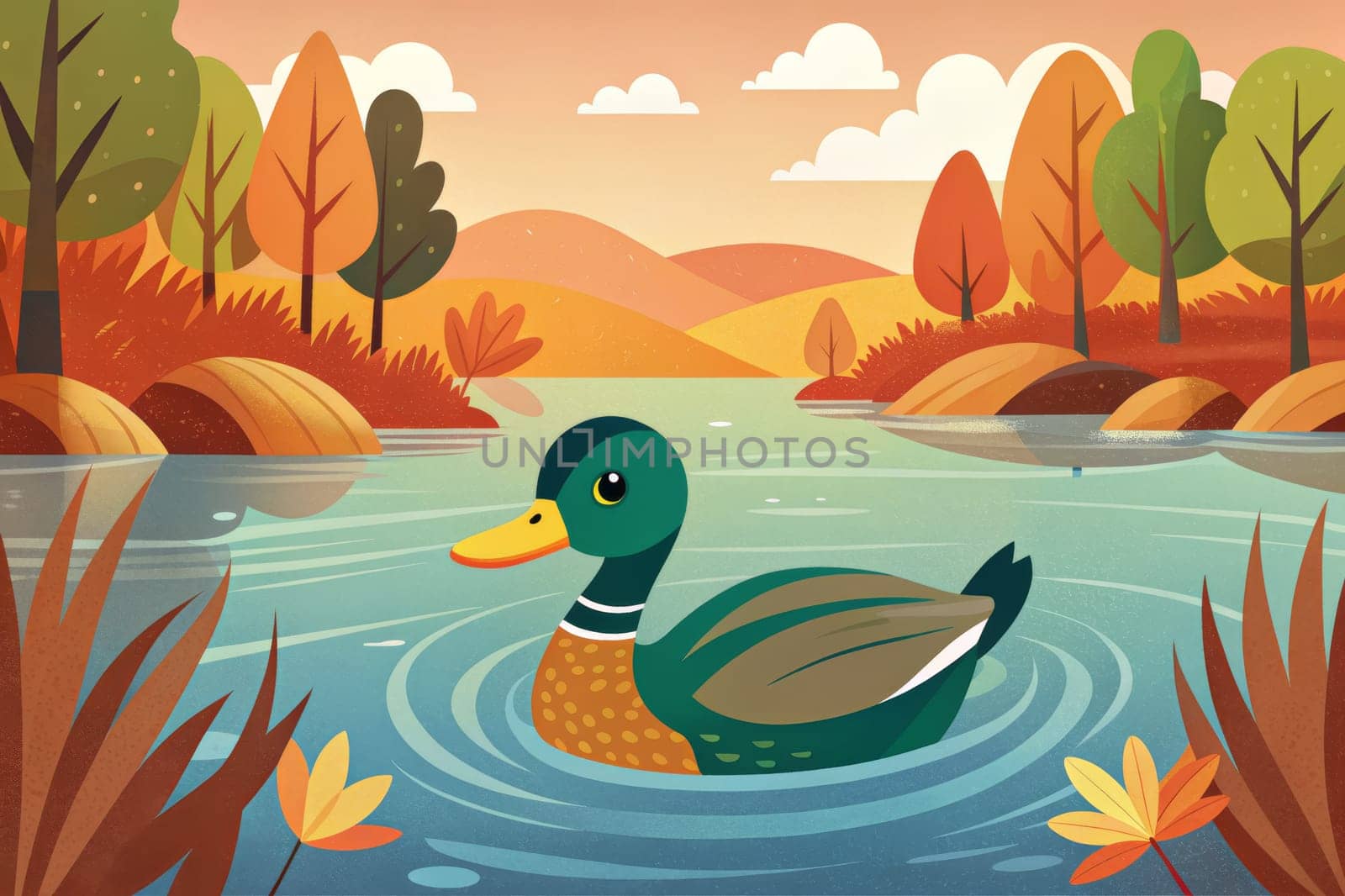 A duck swims leisurely through a calm lake, its ripples reflecting the warm colors of the autumn foliage surrounding the water. The sky is a soft orange and yellow, with fluffy white clouds drifting across the horizon. The leaves of the trees are turning shades of red, orange, and yellow, creating a picturesque scene of tranquility and beauty.