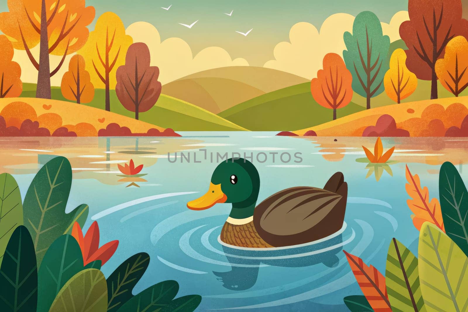 A duck glides effortlessly through the still waters of a pond, surrounded by vibrant autumn foliage. The bright colors of the leaves create a picturesque backdrop for the tranquil scene.